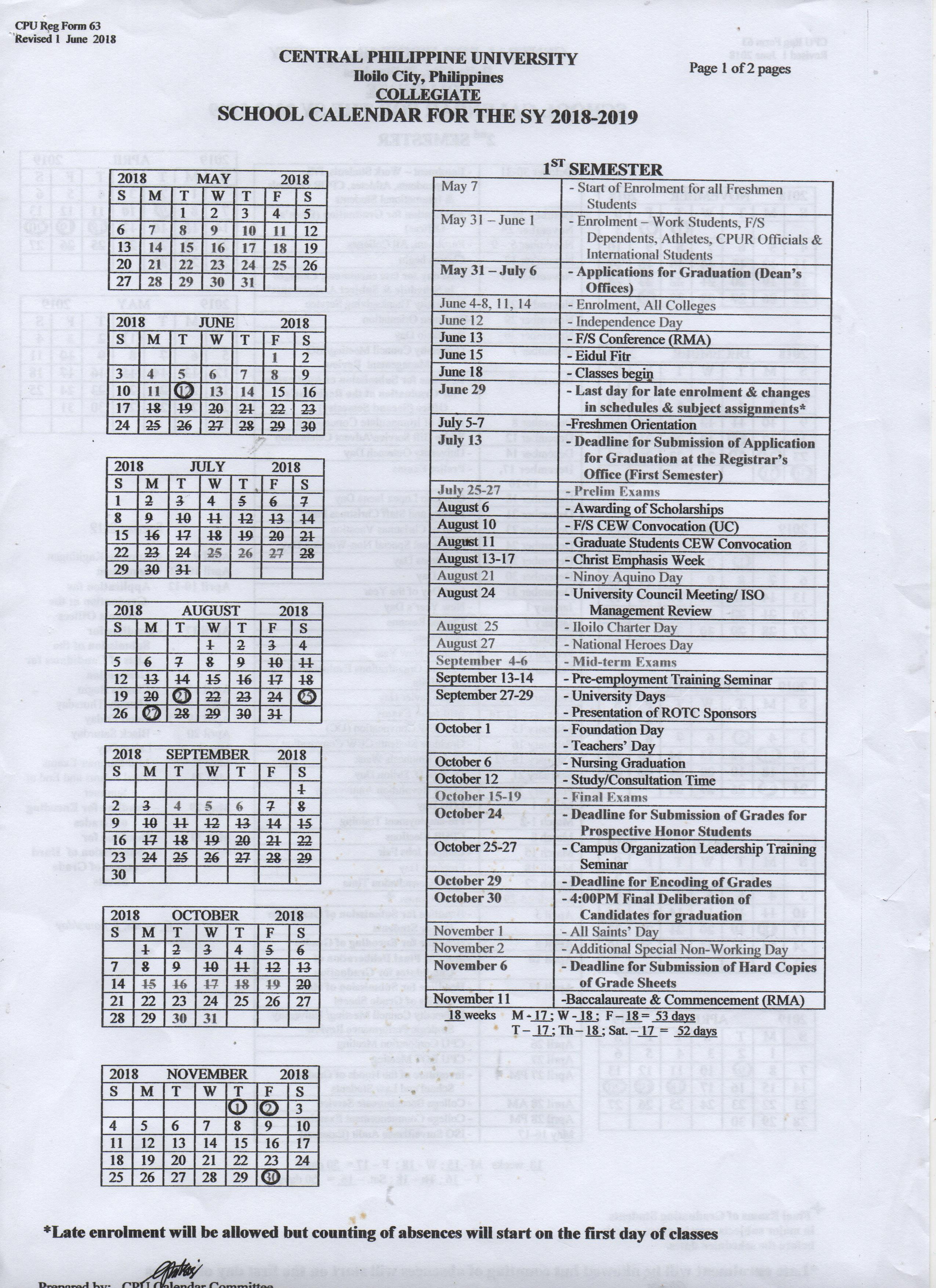 College Calendar Sy 2018 2019 Central Philippine University
