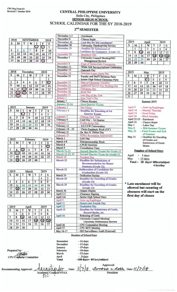 Senior High School Calendar Central Philippine University