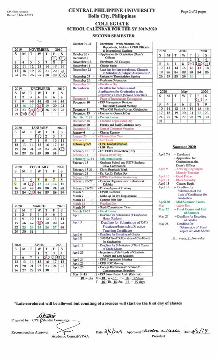 College Calendar Central Philippine University