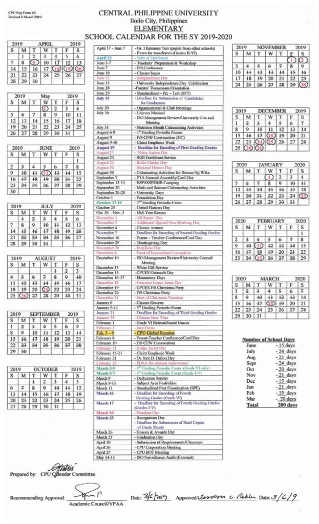 Elementary School Calendar - Central Philippine University