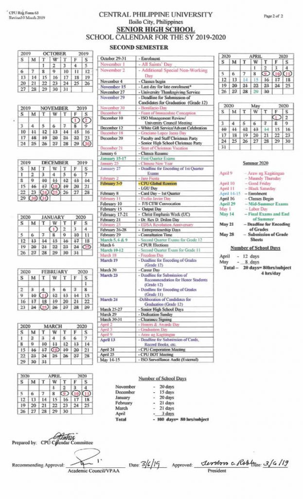 Senior High School Calendar - Central Philippine University