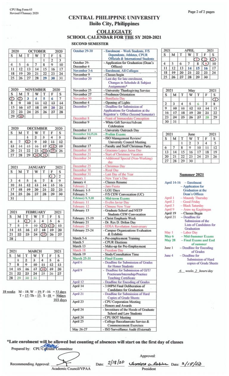 College Calendar - Central Philippine University