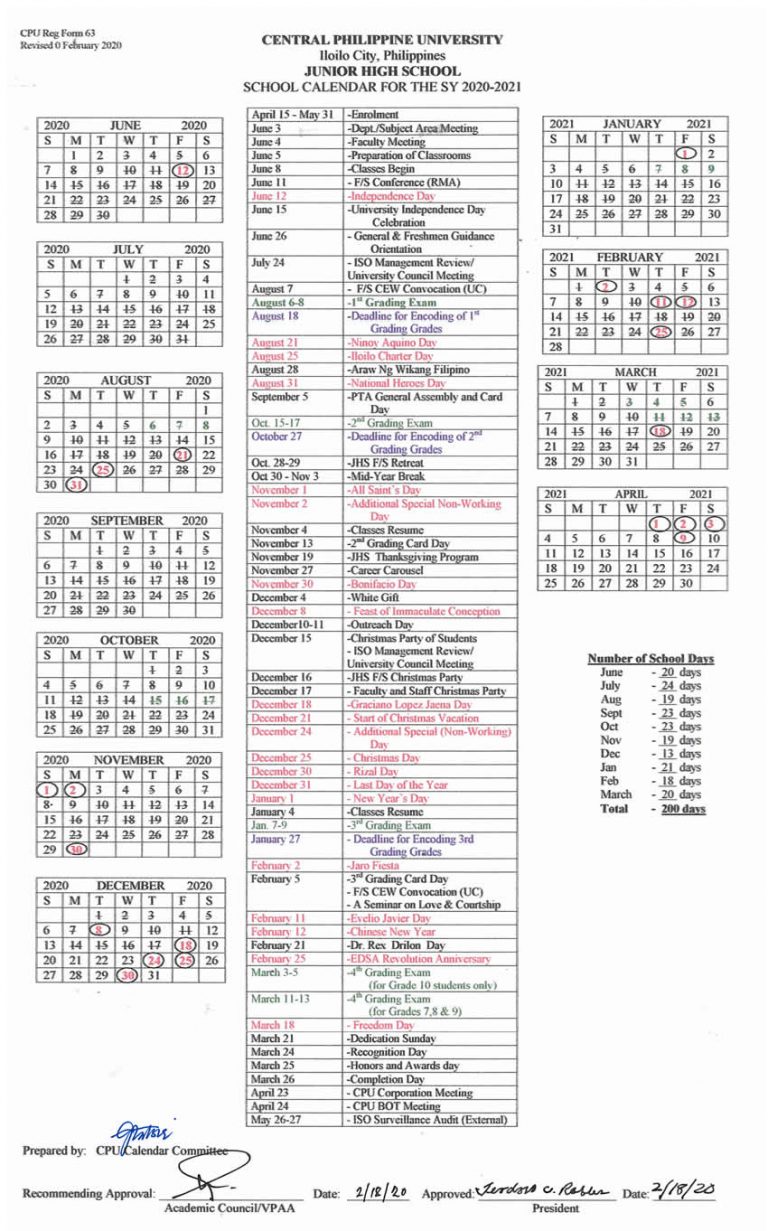 Junior High School Calendar - Central Philippine University