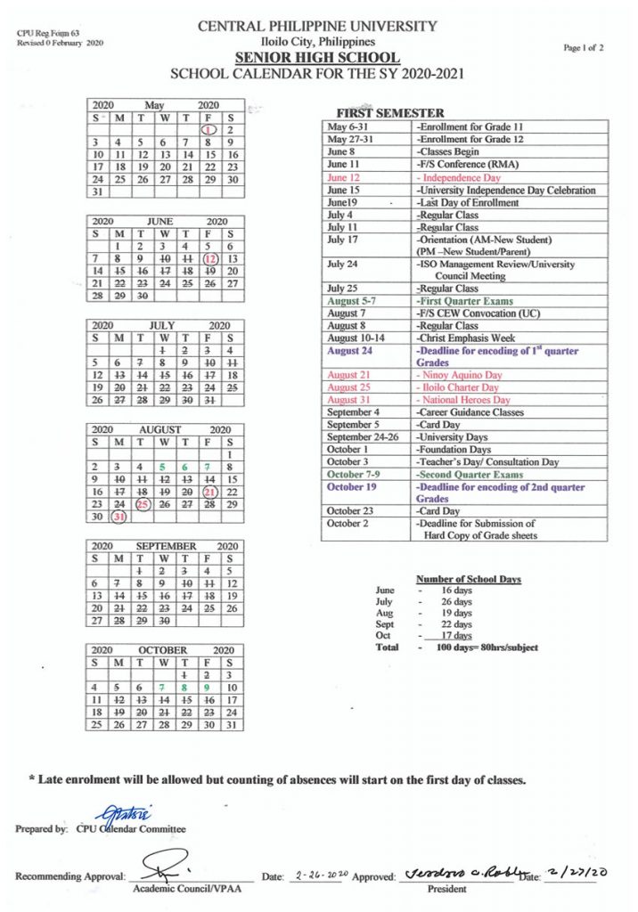 Senior High School Calendar - Central Philippine University