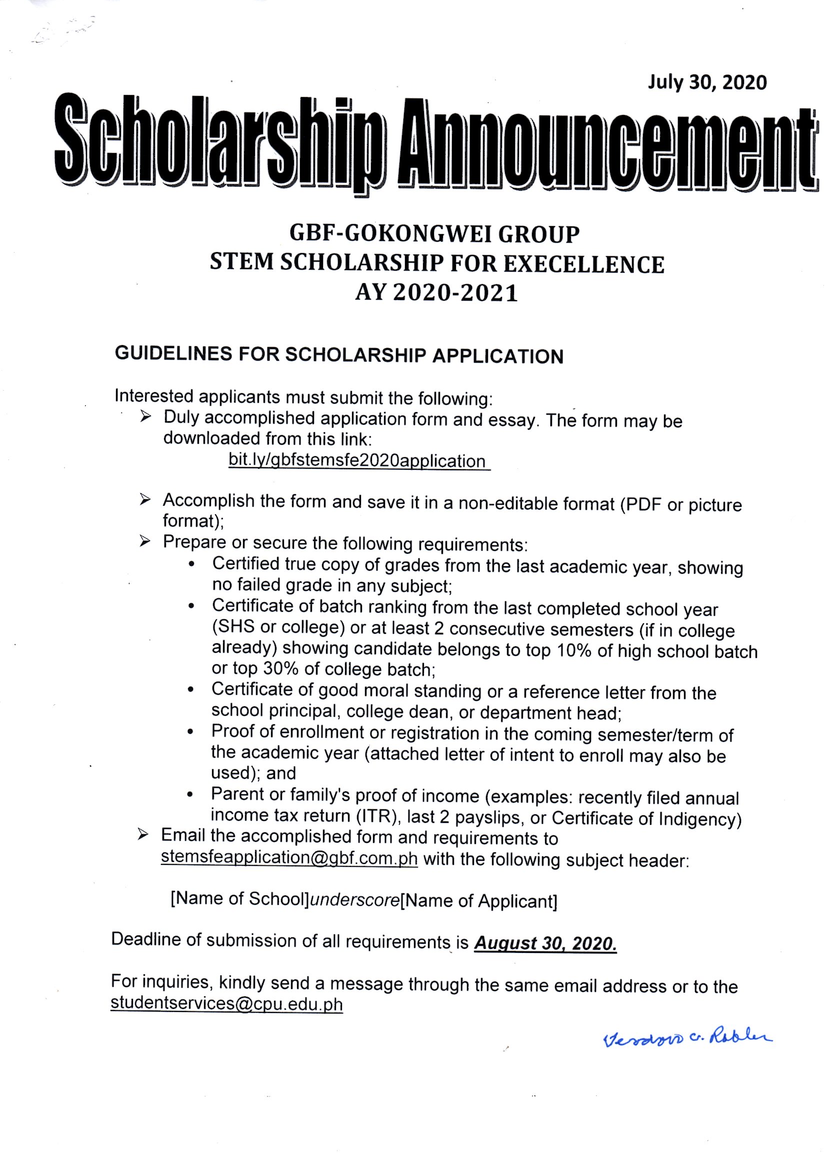 Gbf Gokongwei Group Stem Scholarship For Excellence Ay 2020 2021 Central Philippine University