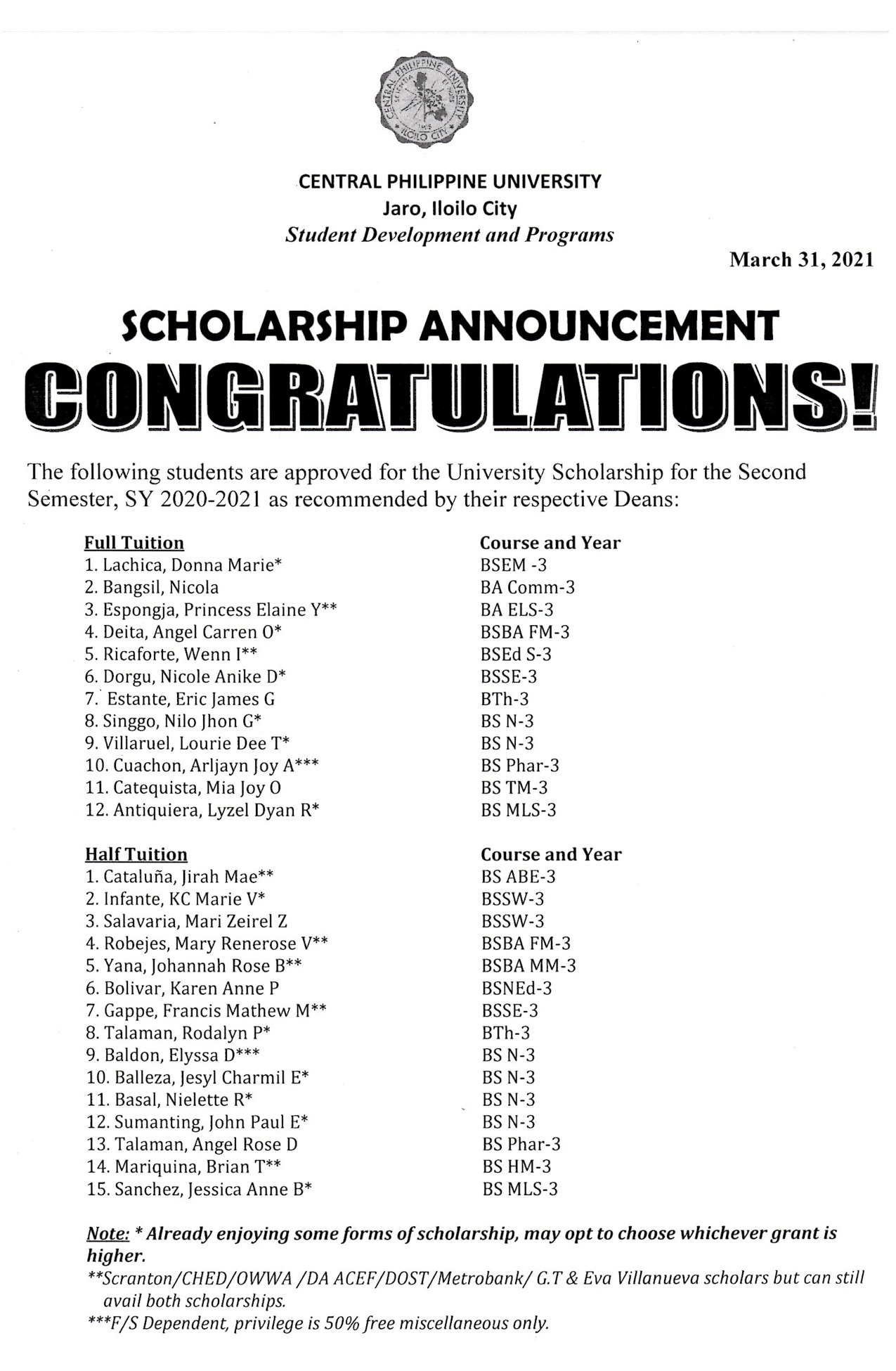 Scholarship Announcement March 31 21 Central Philippine University