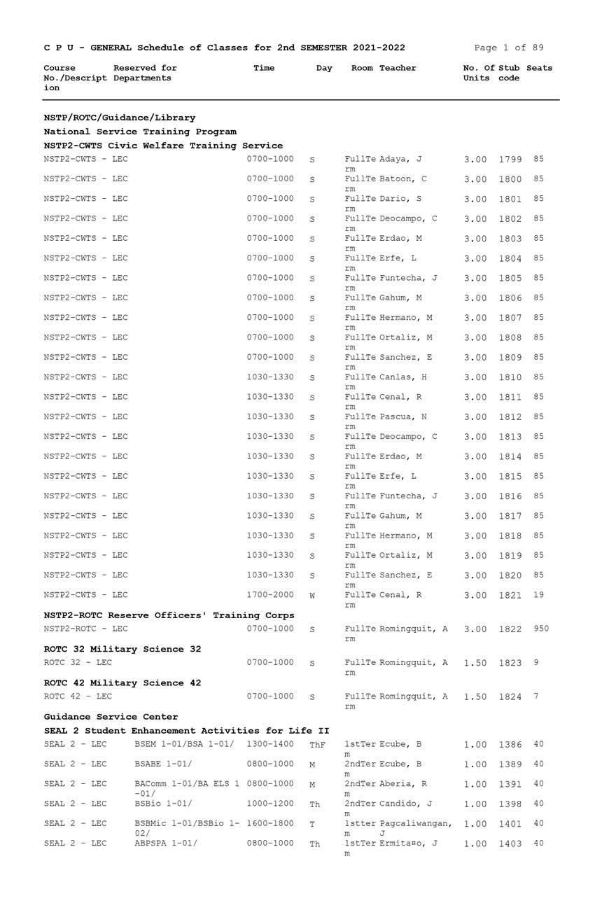 General Schedule 2022 General Schedule Of Classes For 2Nd Semester 2021-2022 - Central Philippine  University