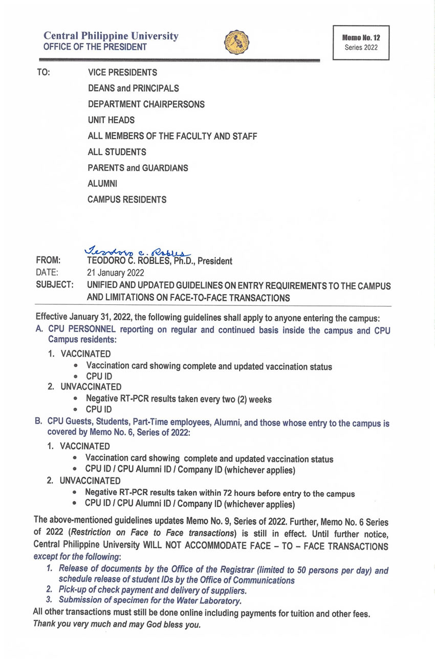 Memo No. 12 Unified and Updated Guidelines on Entry Requirements to