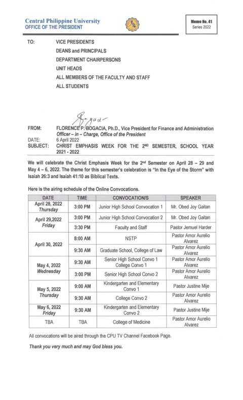 CHRIST EMPHASIS WEEK FOR THE 2ND SEMESTER, SY 2021-2022 - Central ...