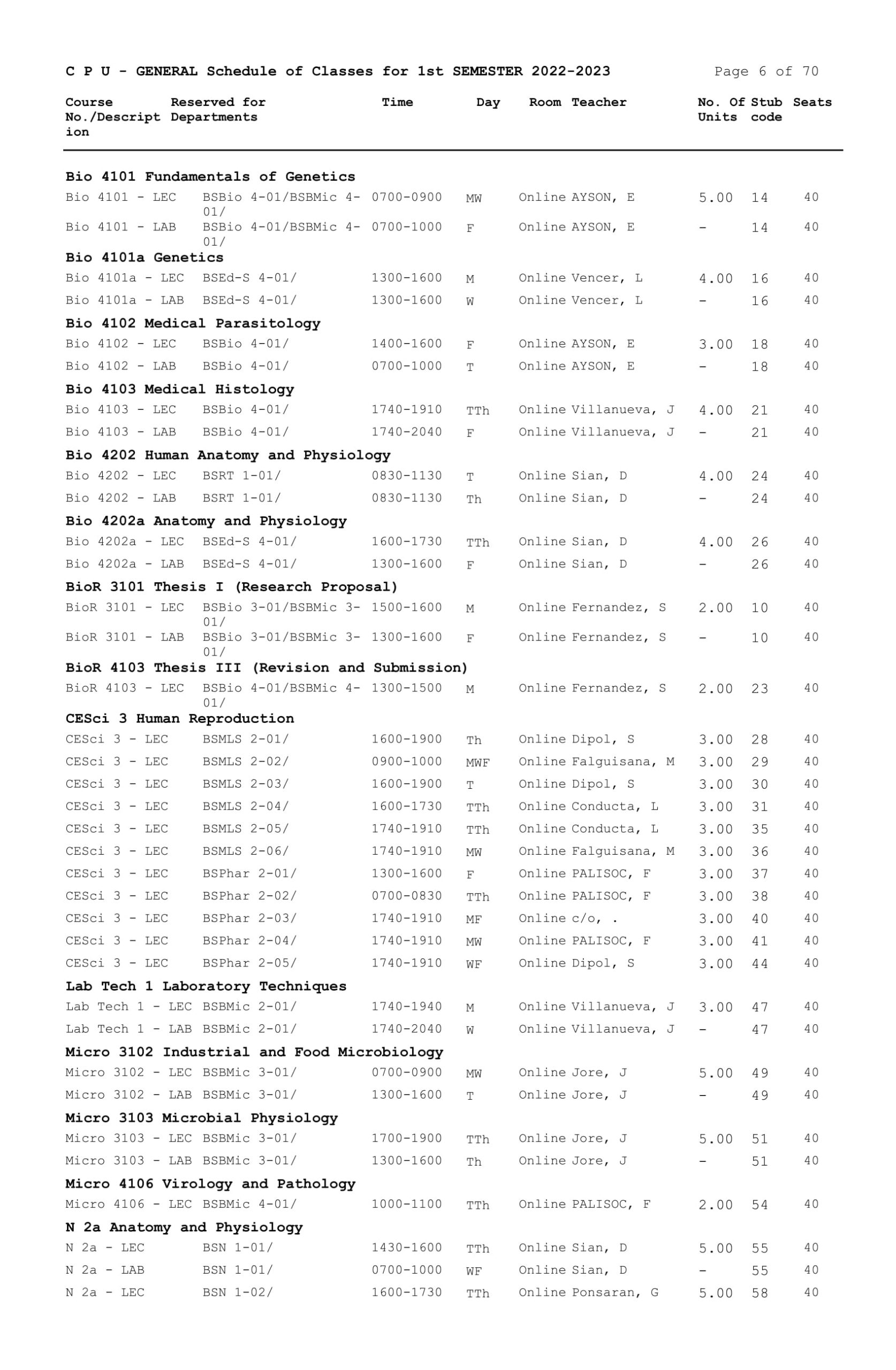 GENERAL Schedule of Classes for 1st SEMESTER 2022-2023 - Central