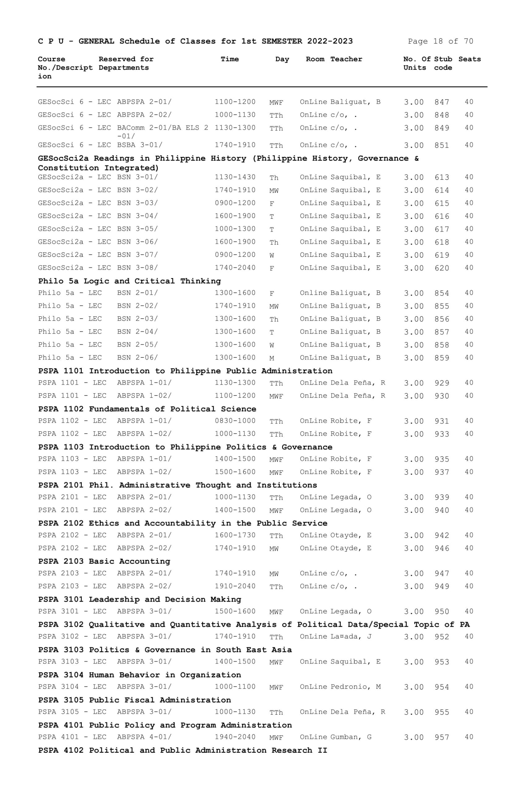 GENERAL Schedule of Classes for 1st SEMESTER 2022-2023 - Central