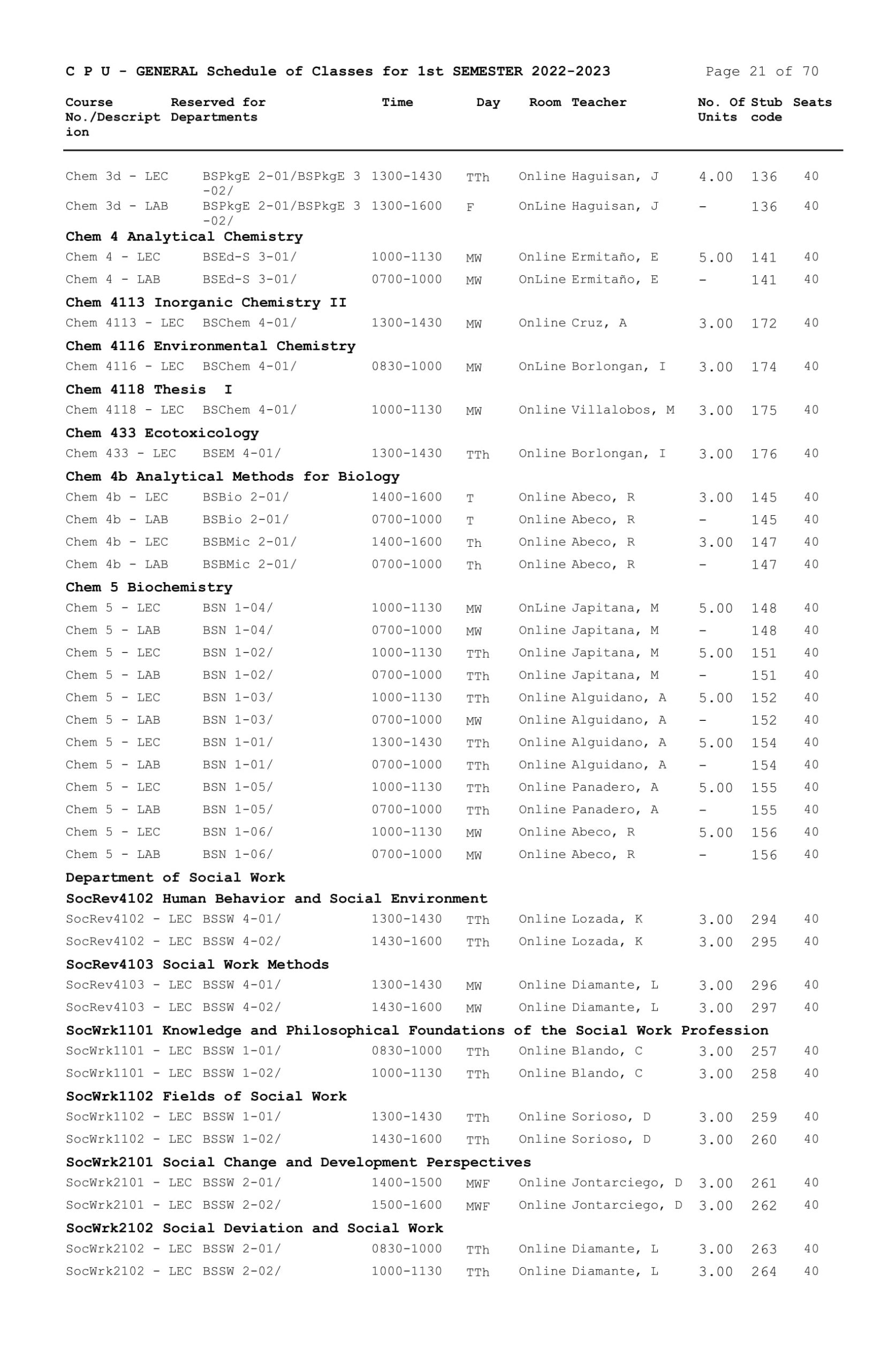 GENERAL Schedule of Classes for 1st SEMESTER 2022-2023 - Central