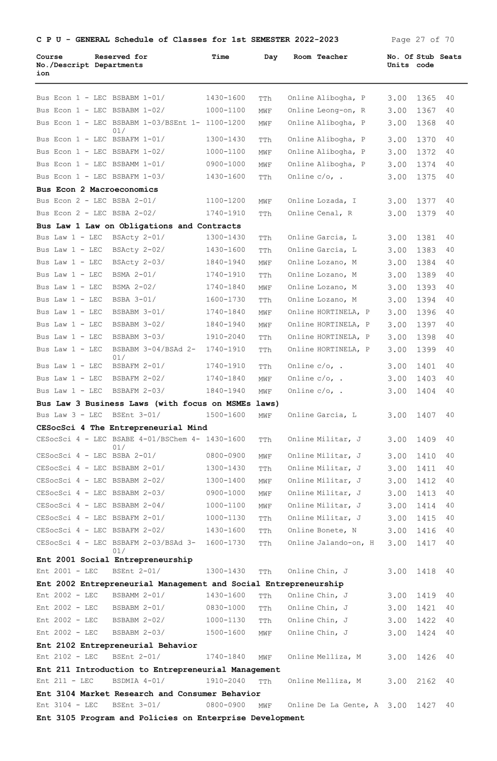 GENERAL Schedule of Classes for 1st SEMESTER 2022-2023 - Central