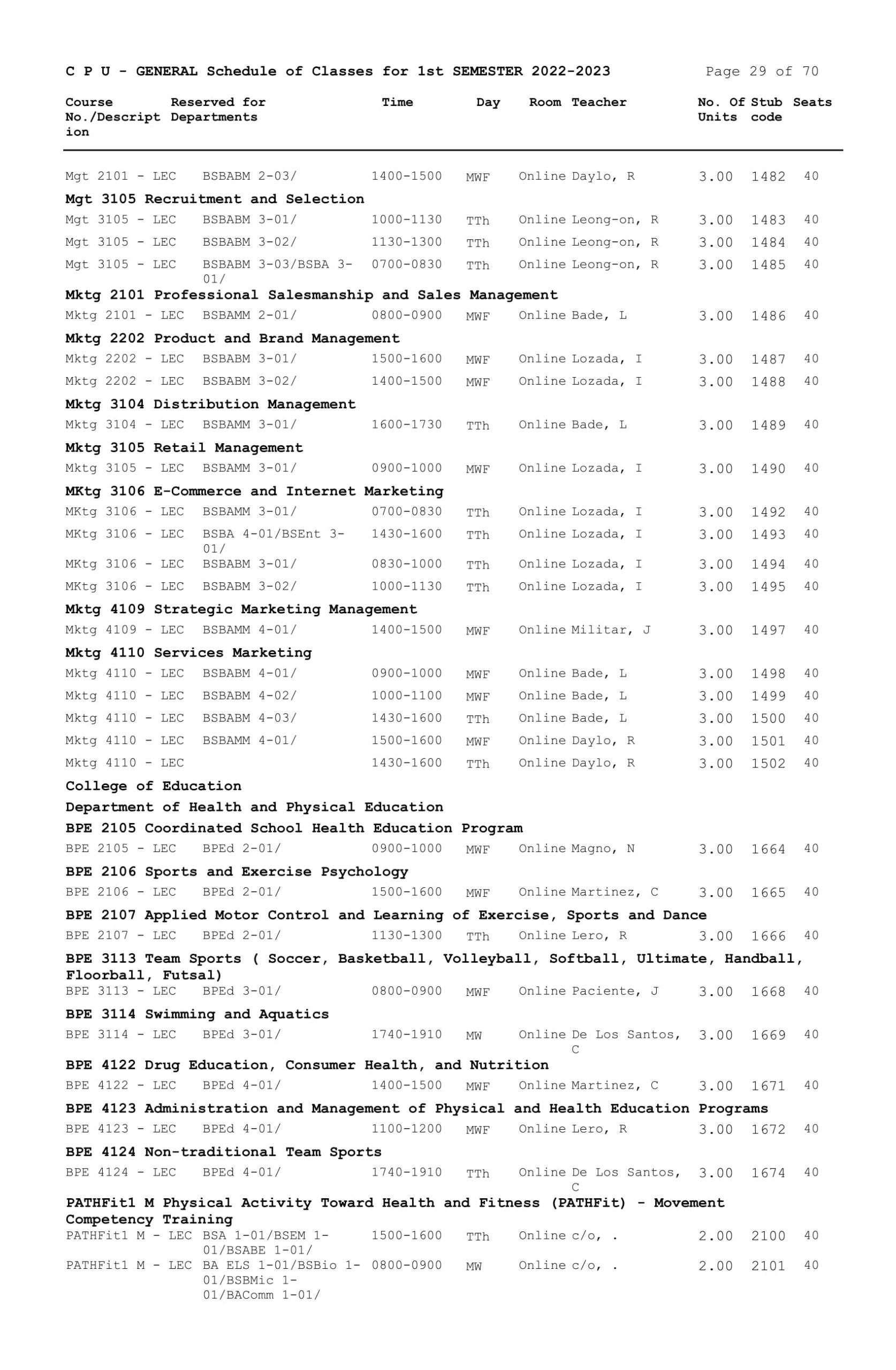 GENERAL Schedule of Classes for 1st SEMESTER 2022-2023 - Central