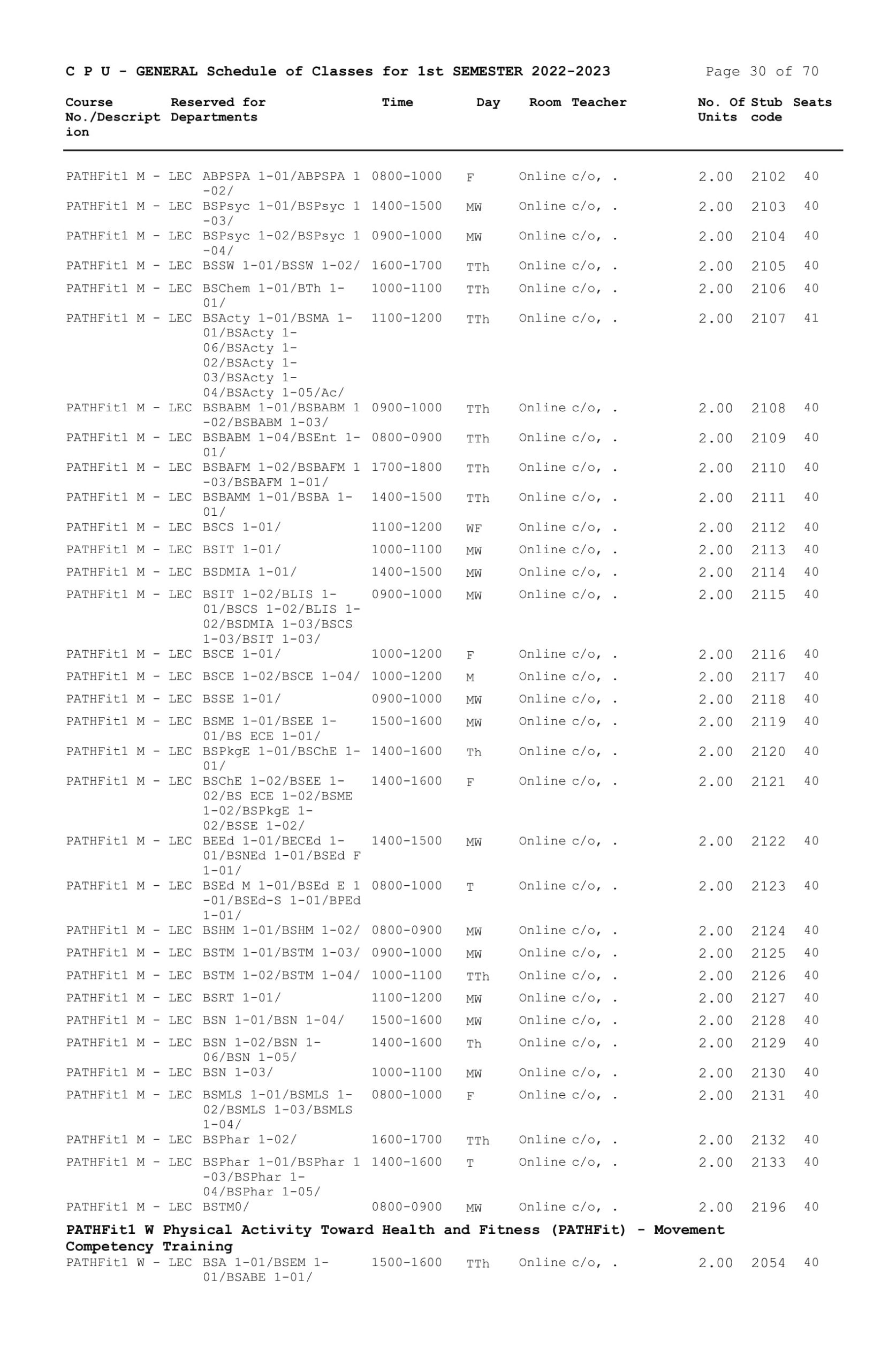 GENERAL Schedule of Classes for 1st SEMESTER 2022-2023 - Central