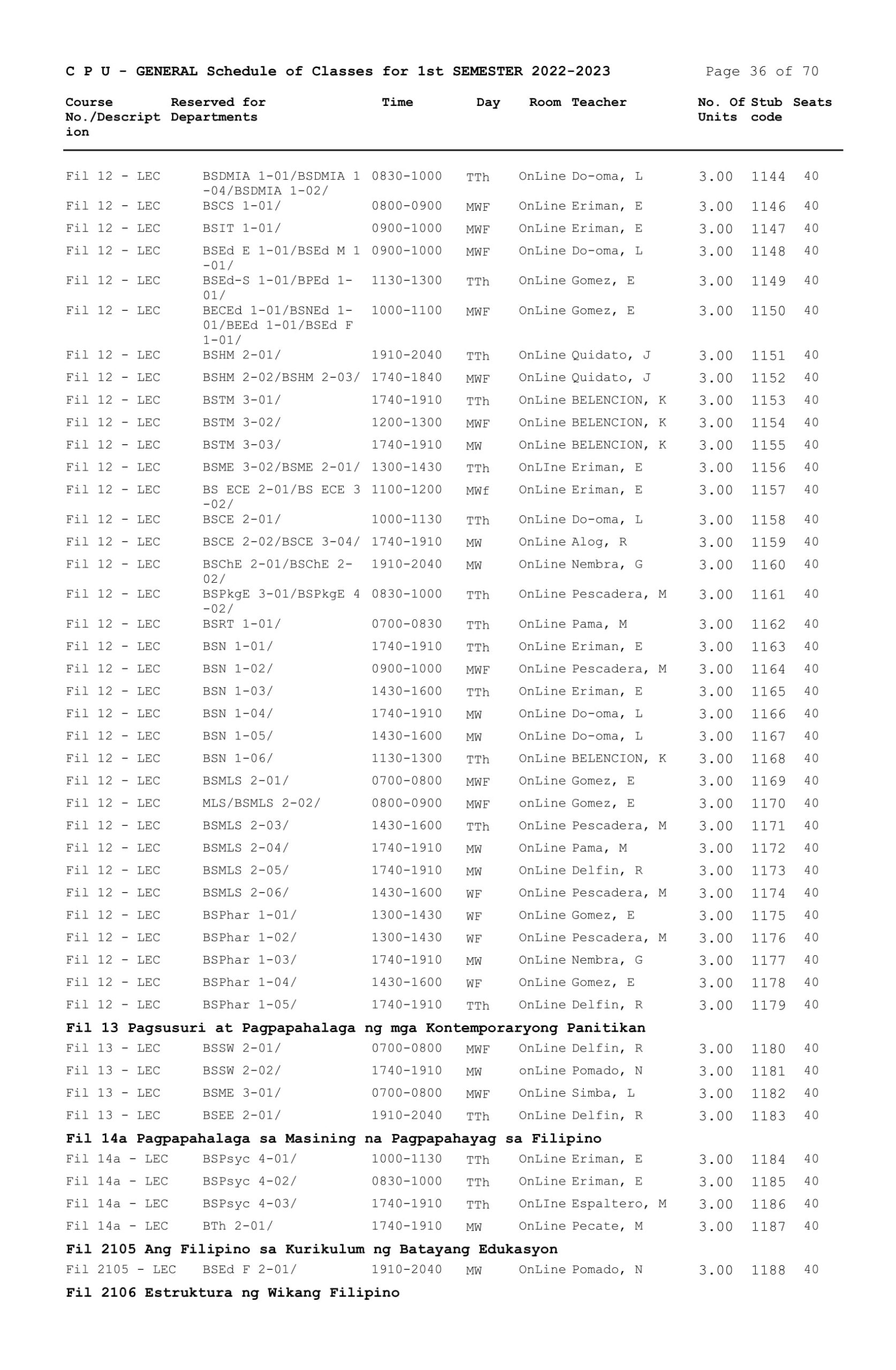 GENERAL Schedule of Classes for 1st SEMESTER 2022-2023 - Central