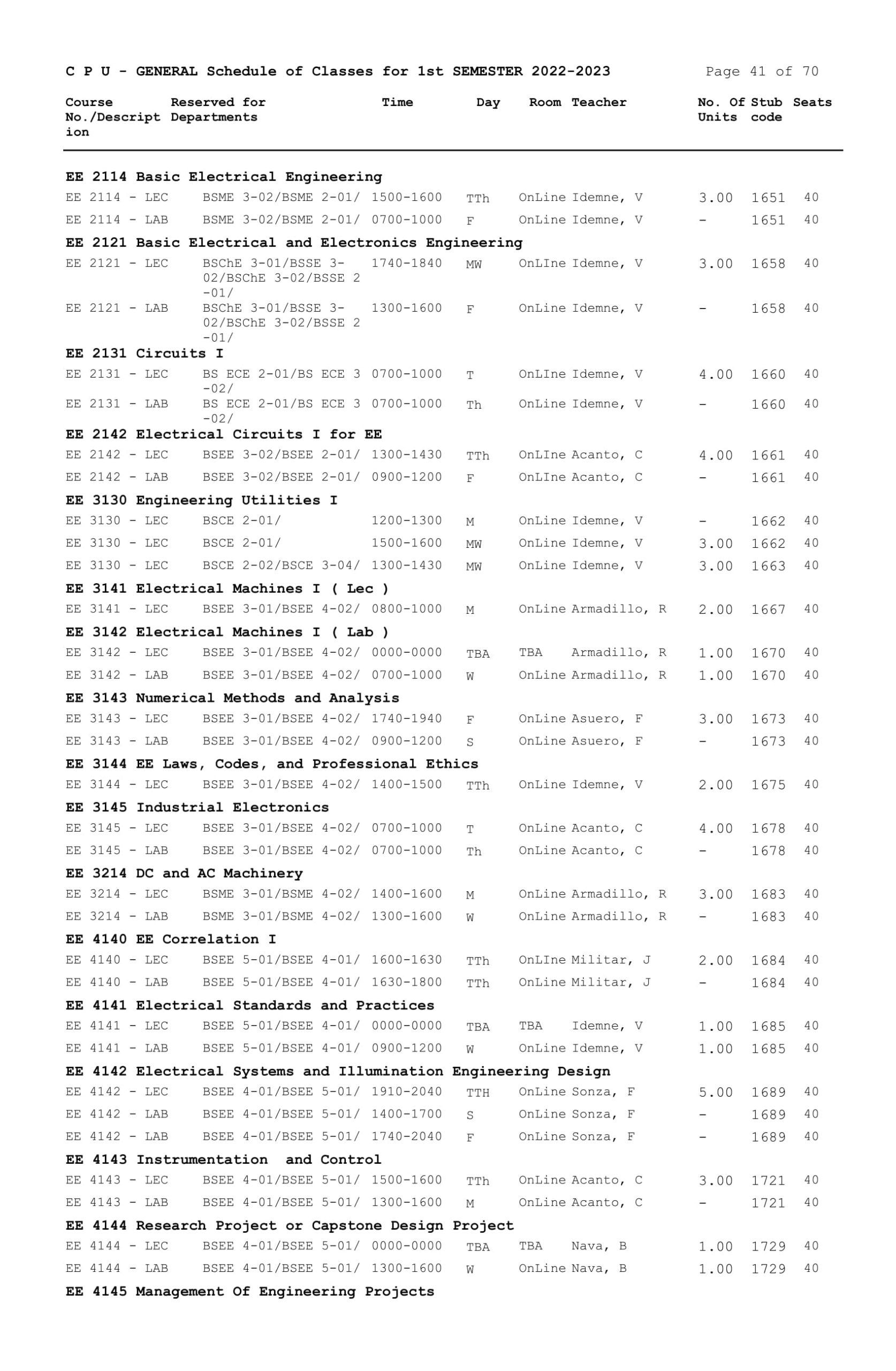 GENERAL Schedule of Classes for 1st SEMESTER 2022-2023 - Central