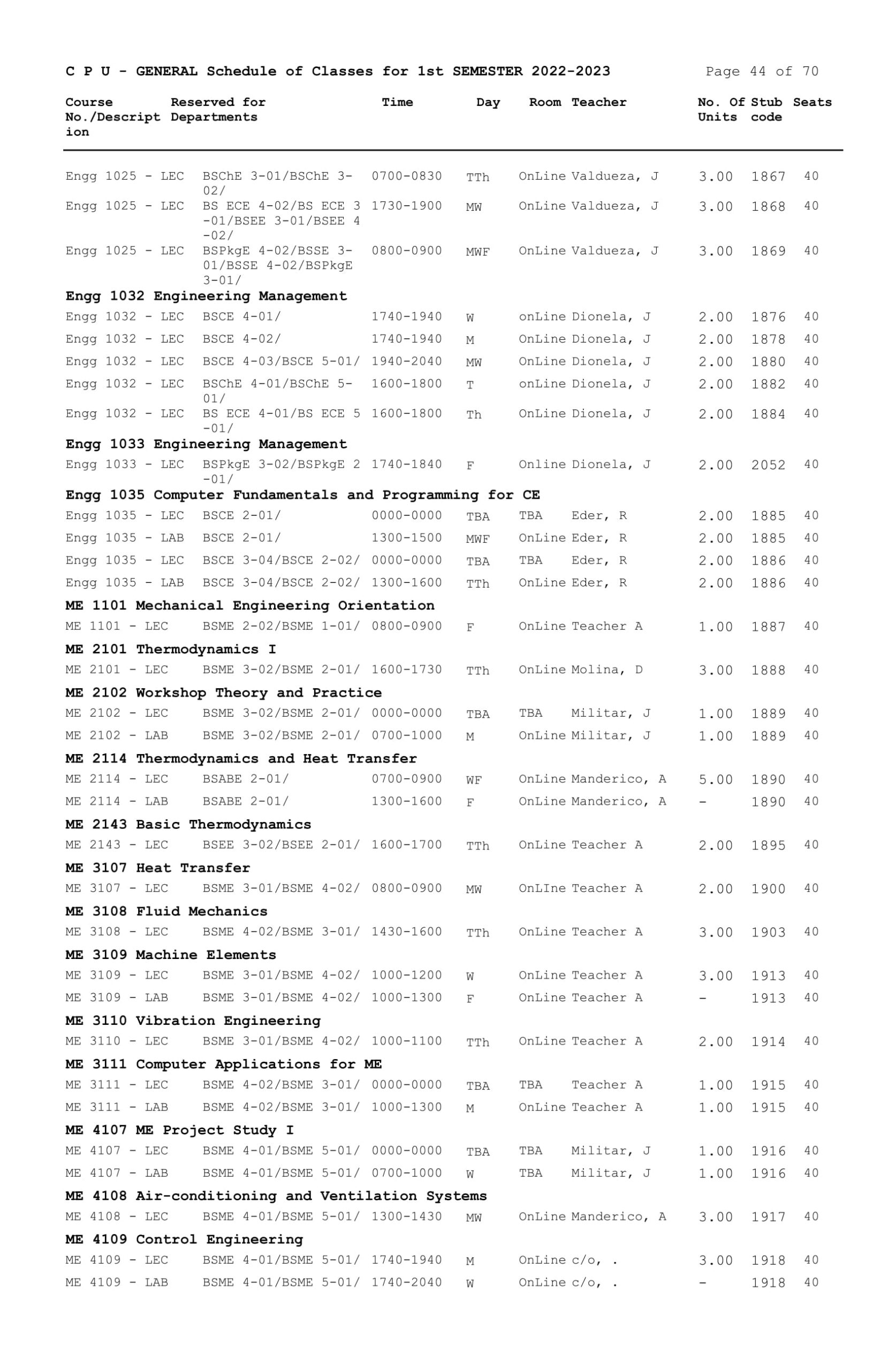 GENERAL Schedule of Classes for 1st SEMESTER 2022-2023 - Central