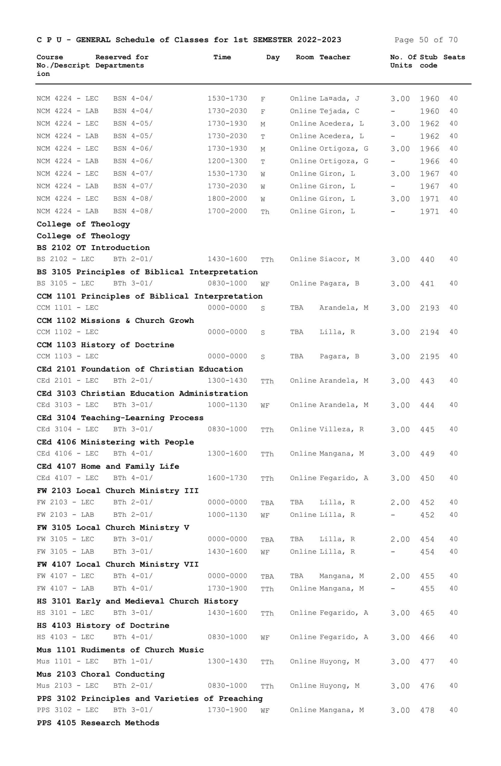 GENERAL Schedule of Classes for 1st SEMESTER 2022-2023 - Central