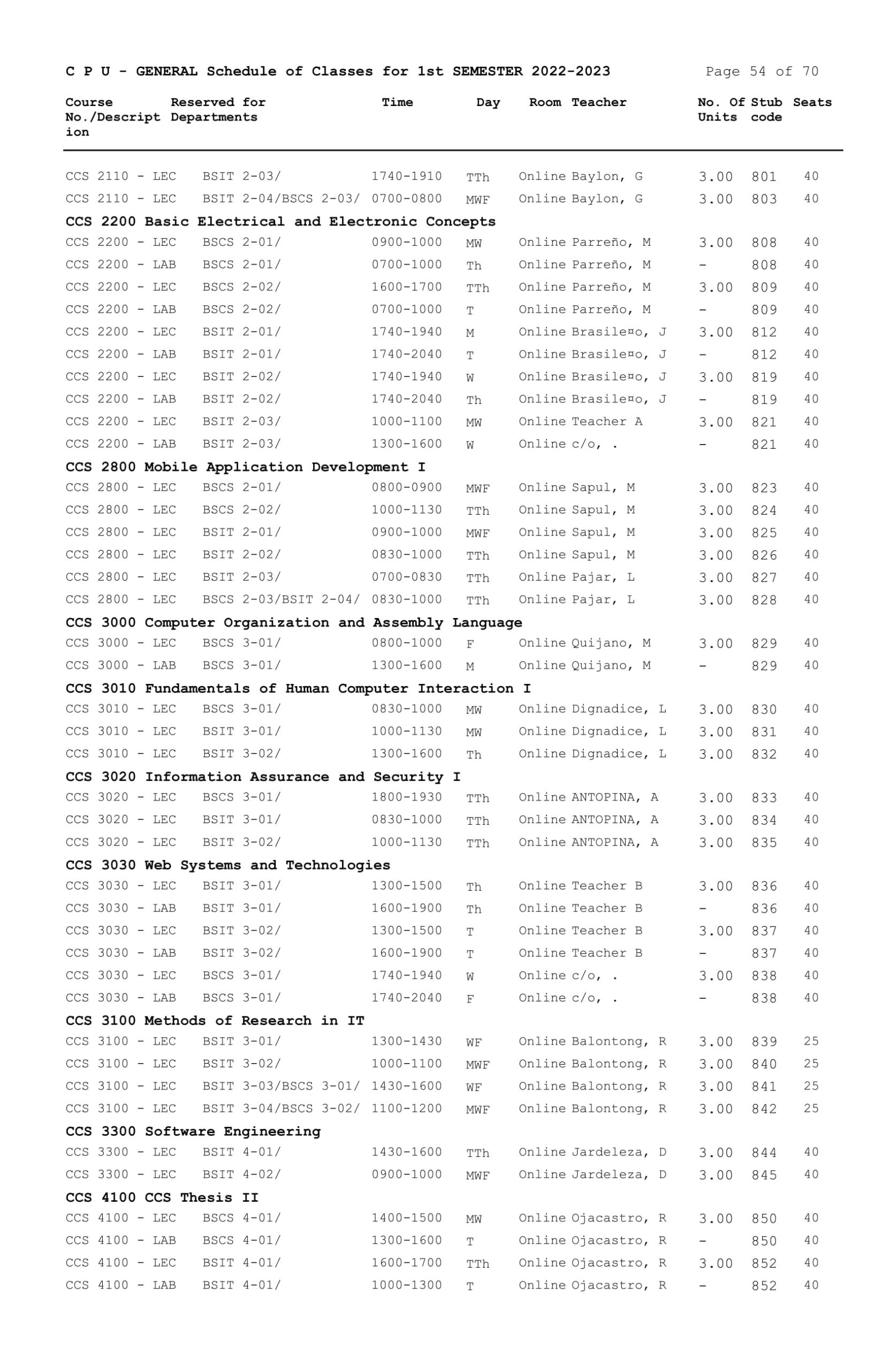 GENERAL Schedule of Classes for 1st SEMESTER 2022-2023 - Central