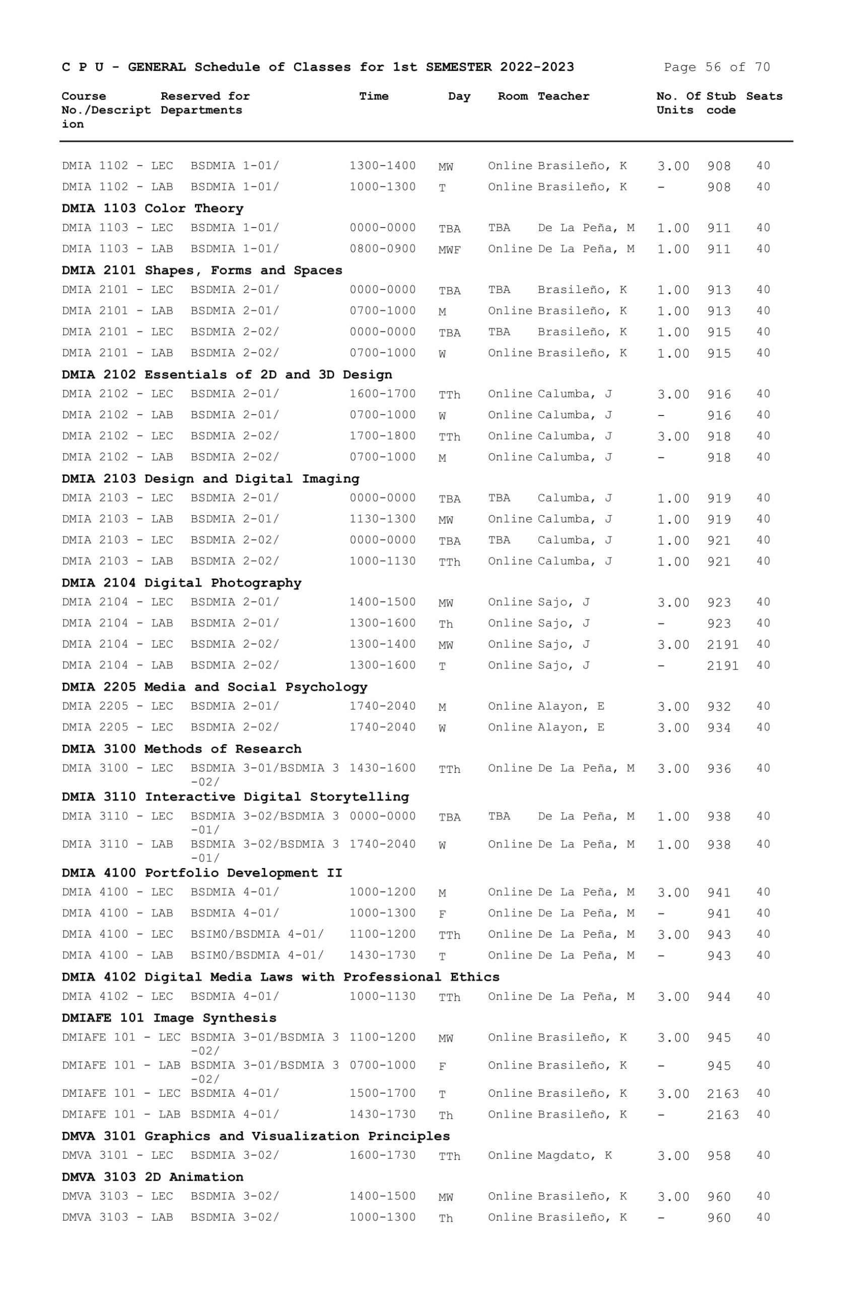 GENERAL Schedule of Classes for 1st SEMESTER 2022-2023 - Central