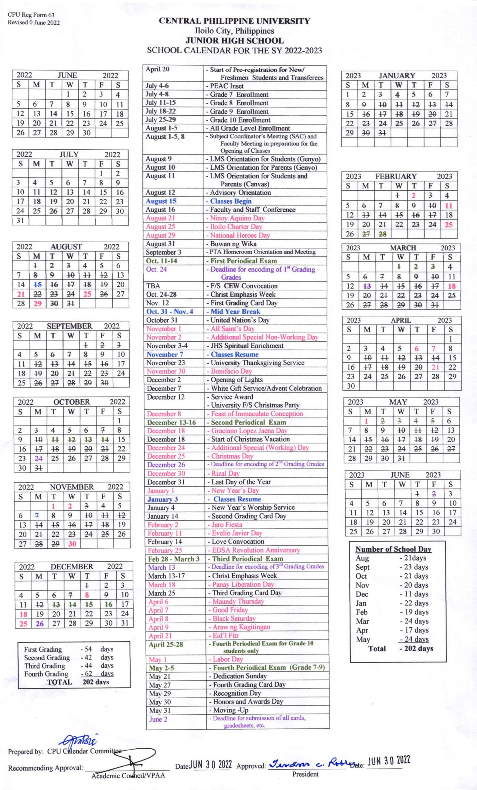 School Calendars - Central Philippine University