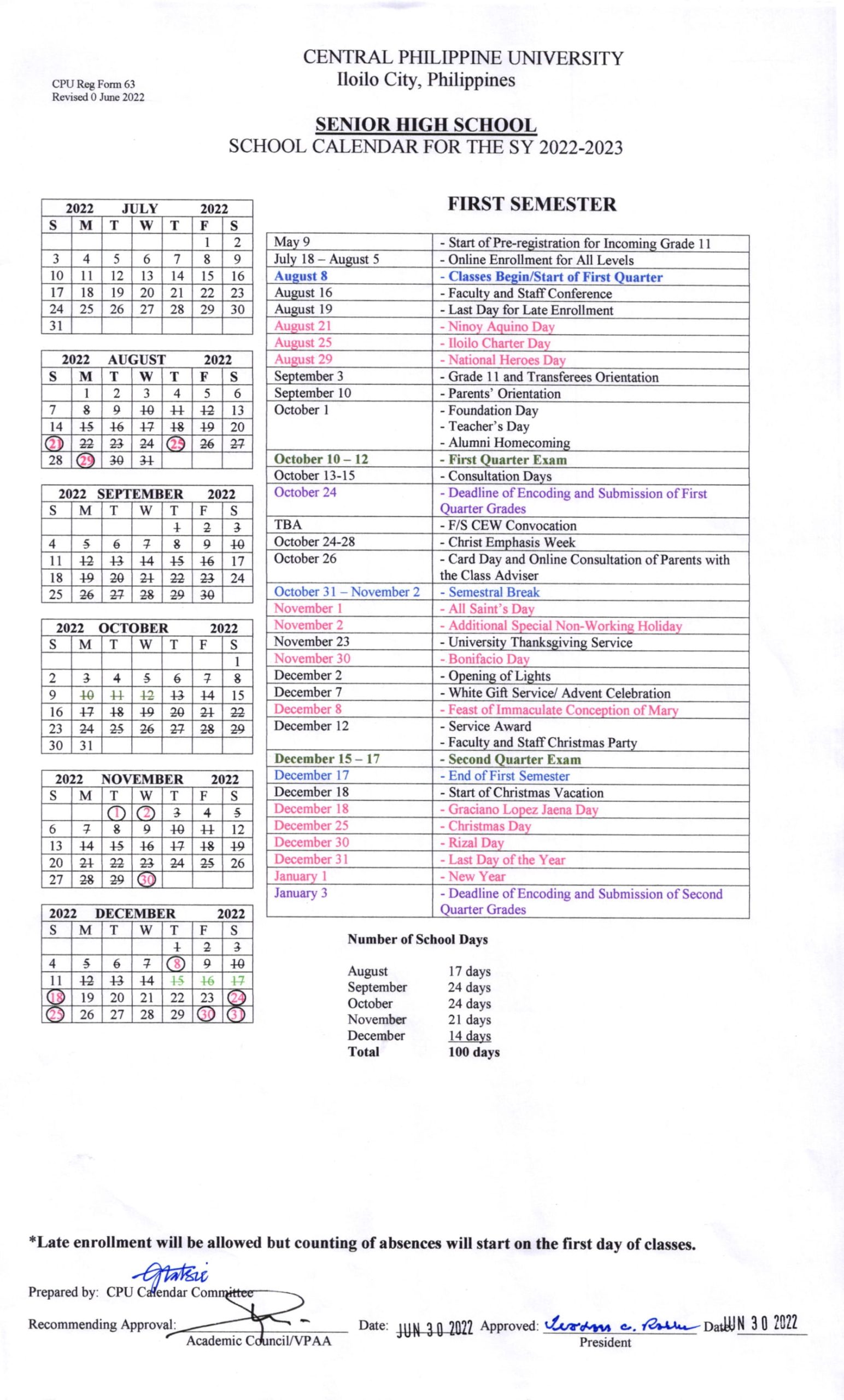 School Calendars Central Philippine University