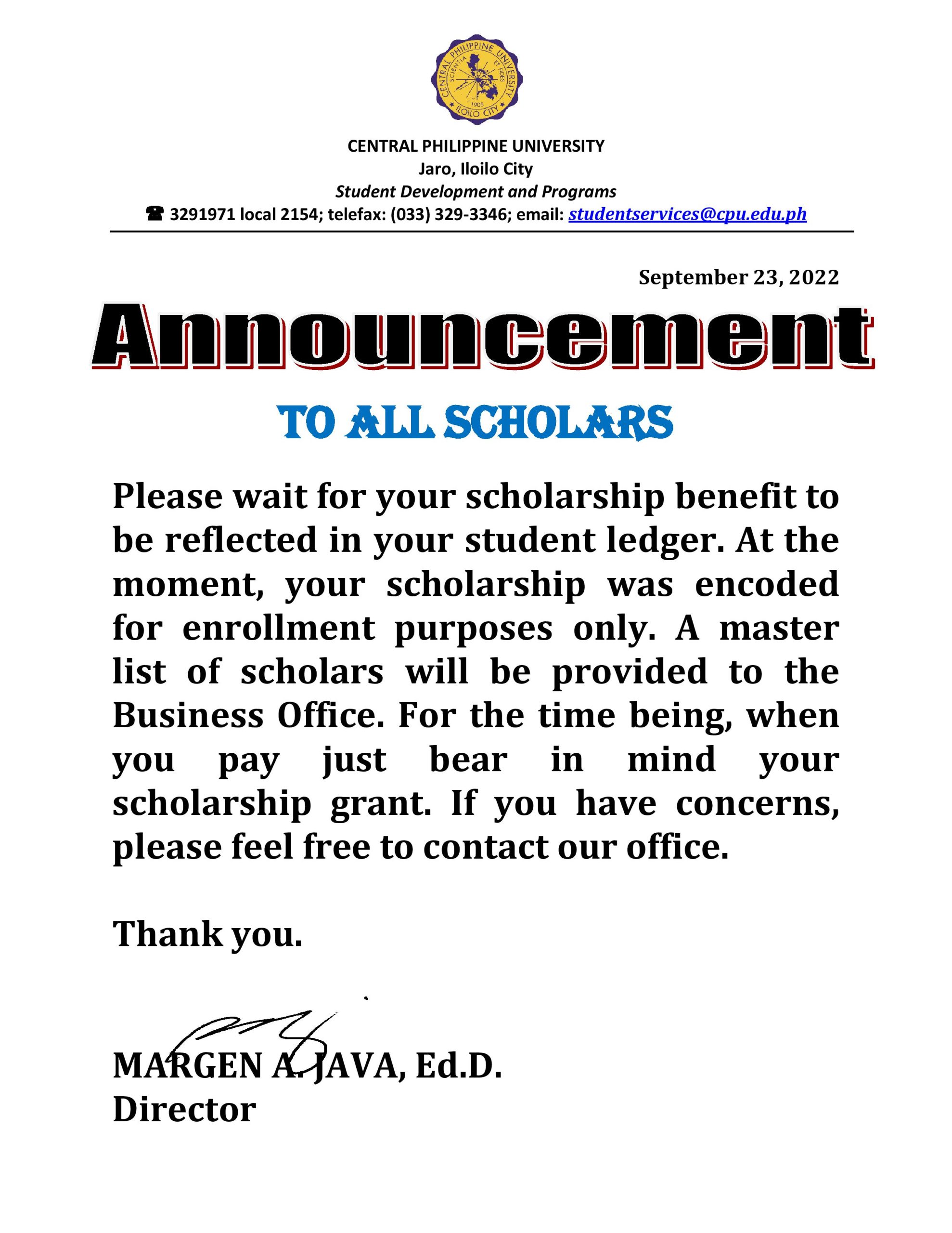 Announcement to ALL SCHOLARS - Central Philippine University