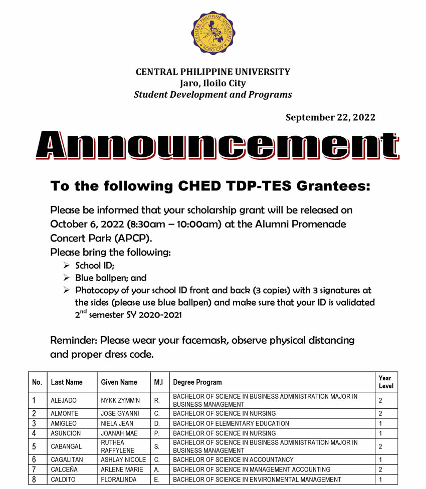 Announcement To The Following CHED TDP TES Grantees Central 
