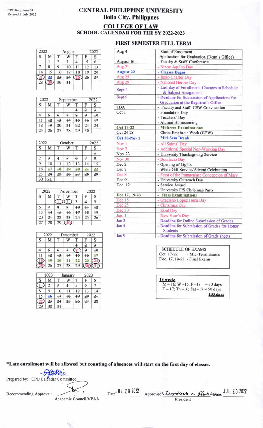 COLLEGEofLAW School Calendar SY2022 2023 1 