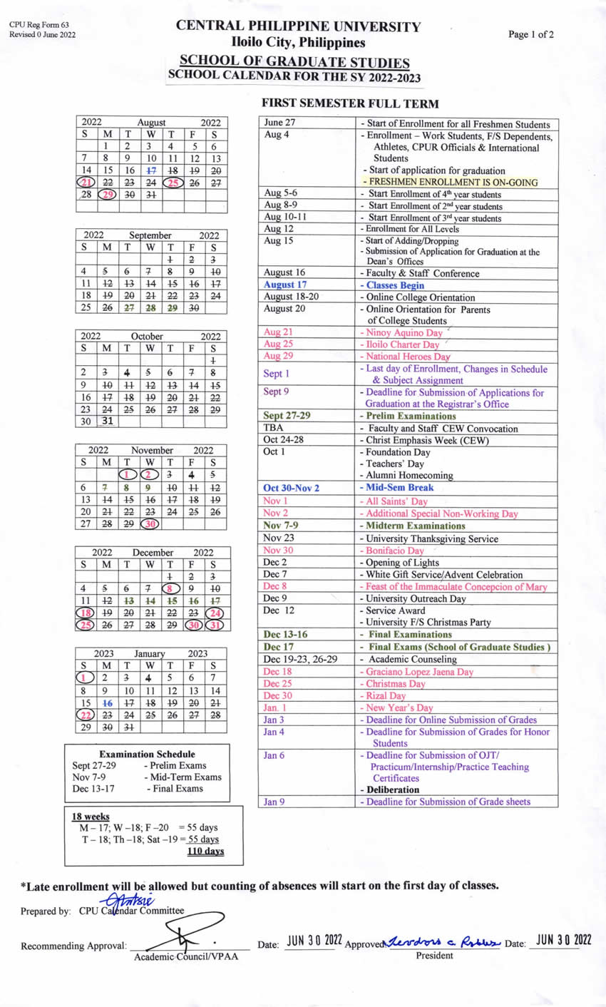 School Calendars Central Philippine University