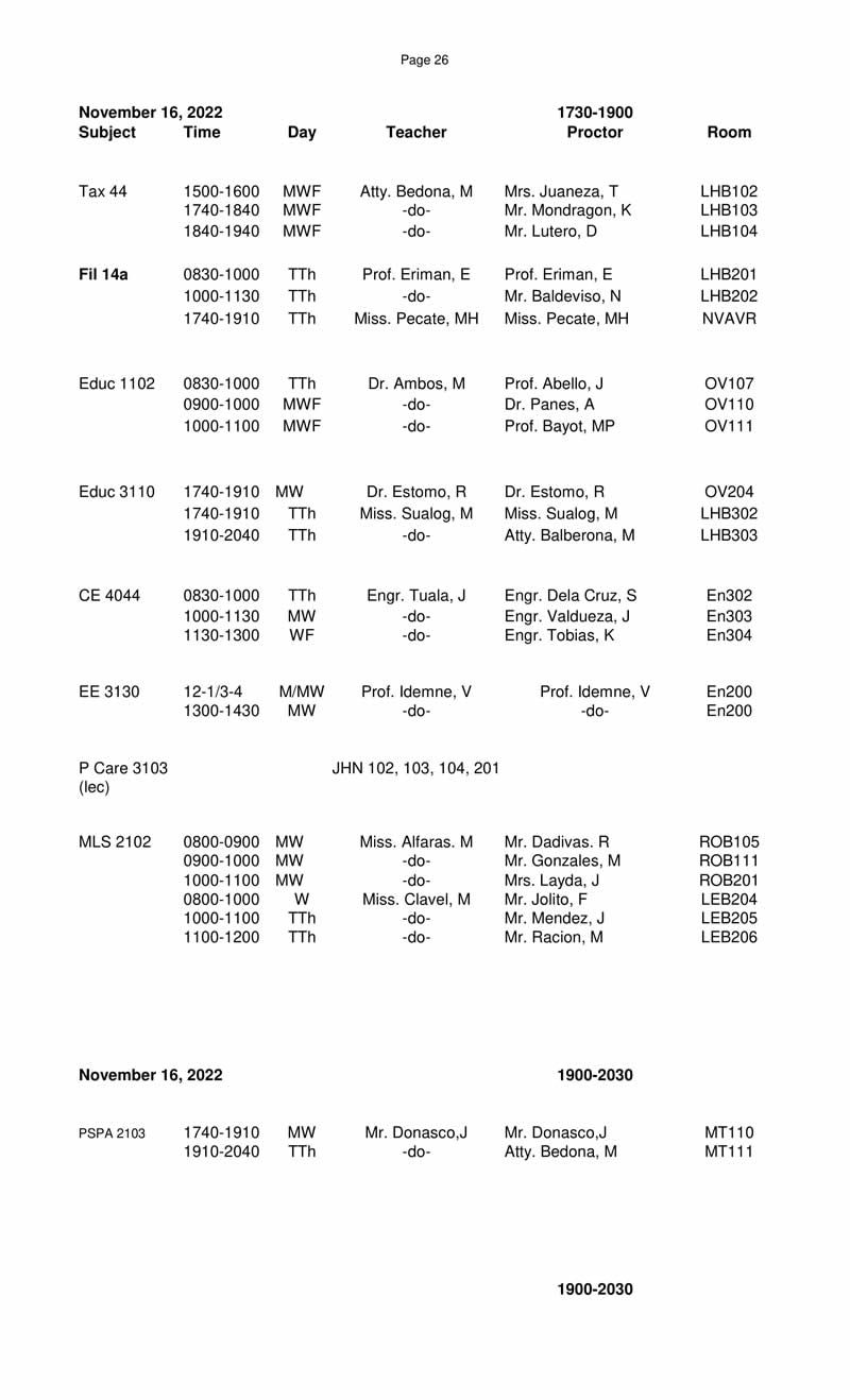 MIDTERM EXAMINATIONS FIRST SEMESTER 2022-2023 SCHEDULE November 14-17