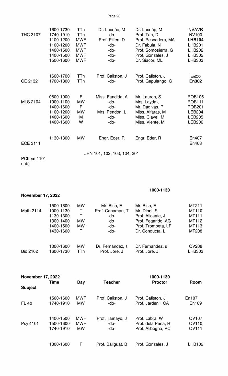 MIDTERM EXAMINATIONS FIRST SEMESTER 2022-2023 SCHEDULE November 14-17