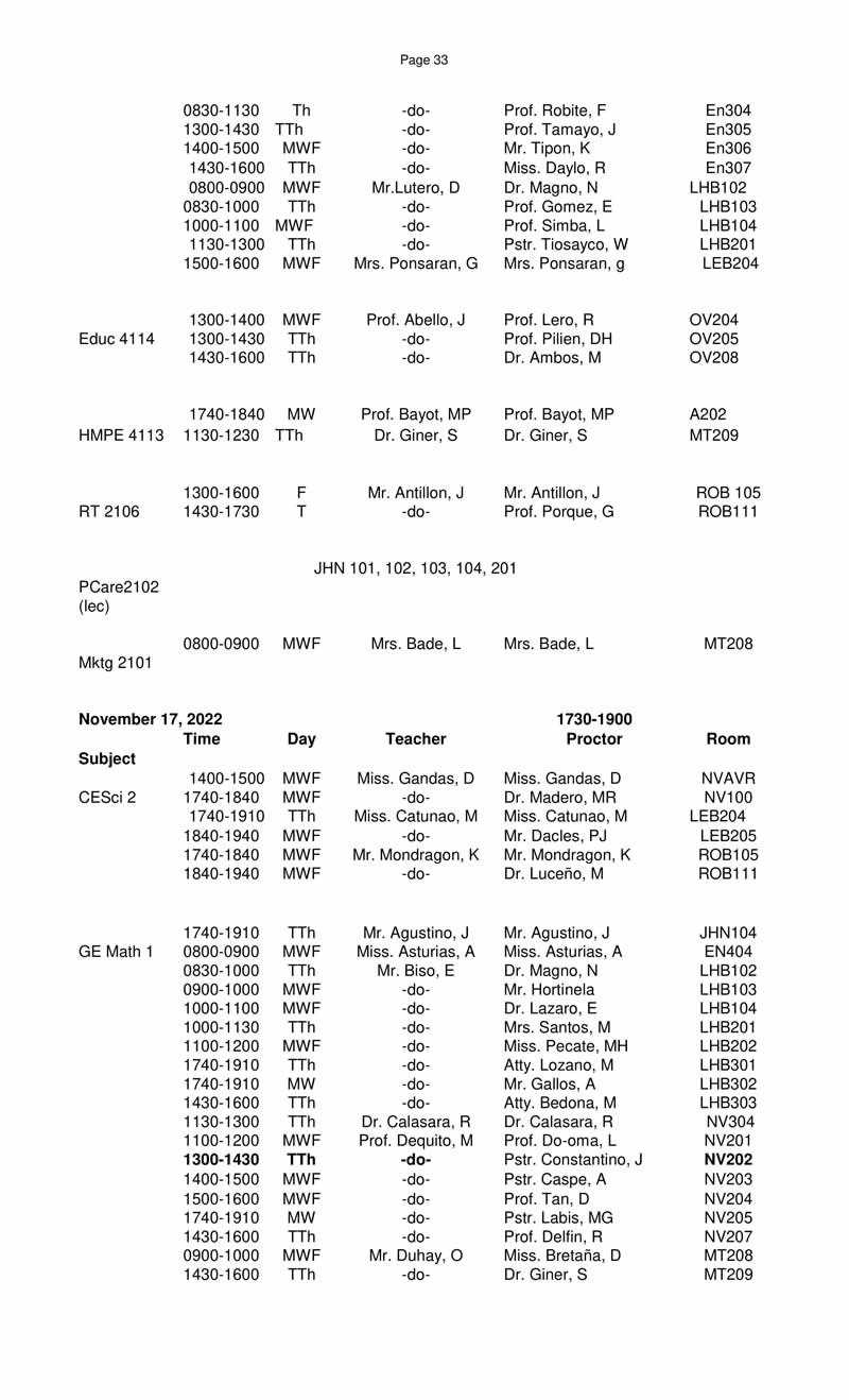 MIDTERM EXAMINATIONS FIRST SEMESTER 2022-2023 SCHEDULE November 14-17