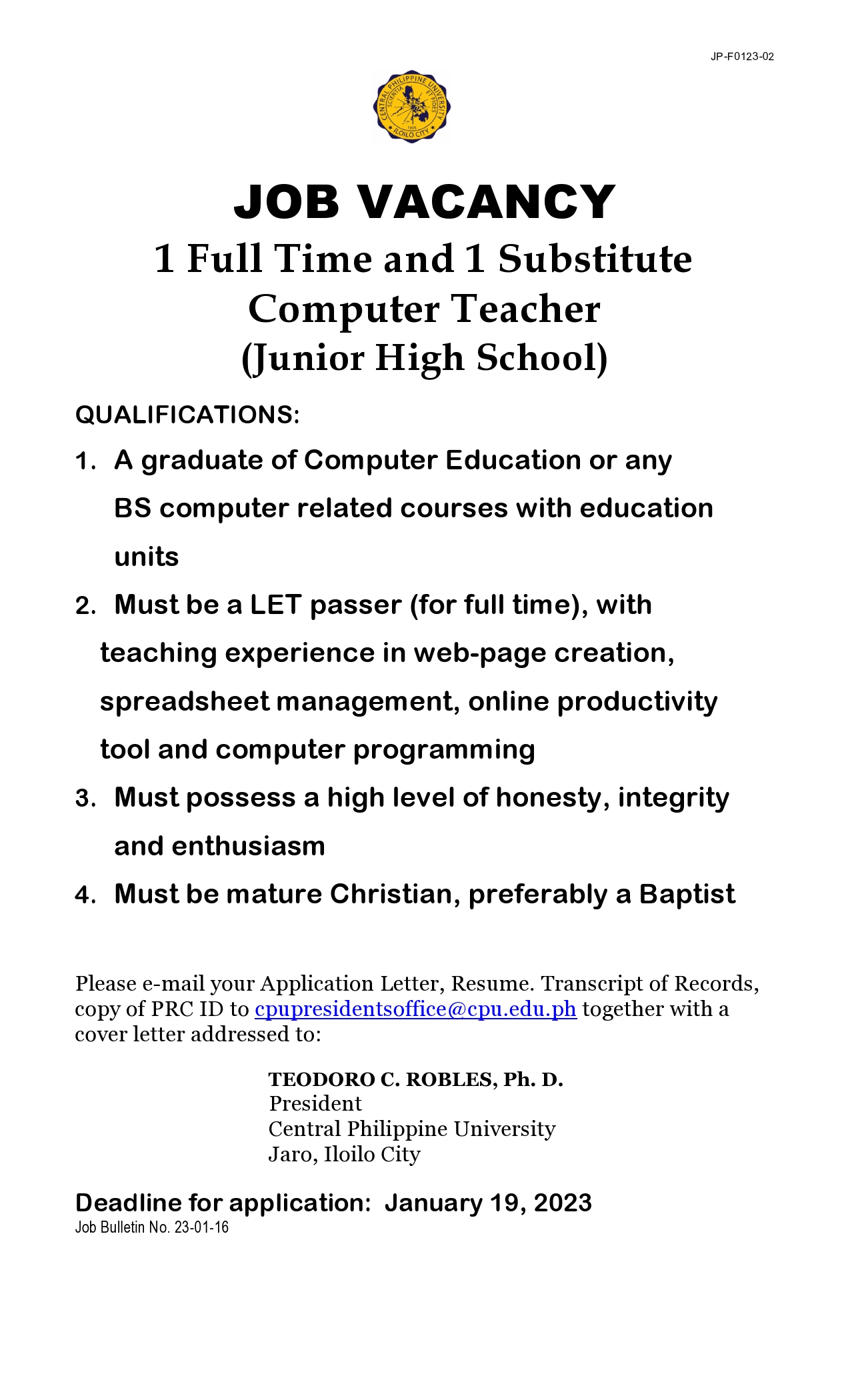 1 Full Time and 1 Substitute Computer Teacher (Junior High School)