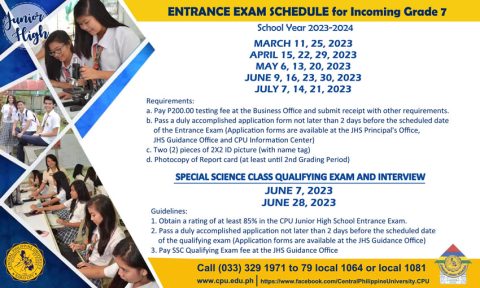 JHS Entrance Exam Schedule for Incoming Grade 7 SY 2023-2024 - Central