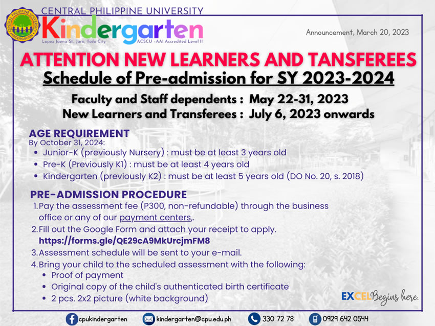 Kindergarten Schedule of Preadmission for SY 20232024 Central