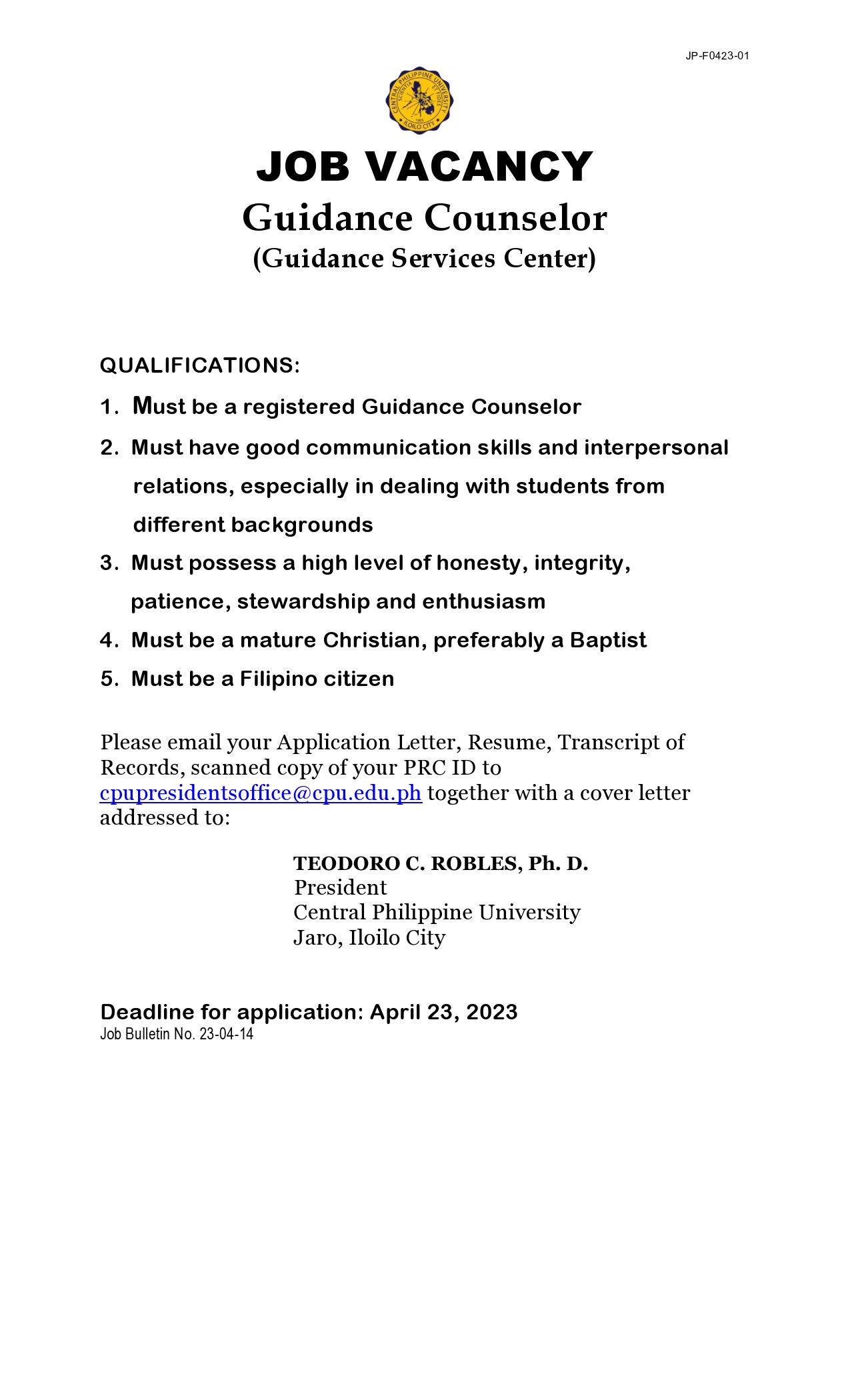 Job Vacancy Guidance Counselor Guidance Services Center Central Philippine University