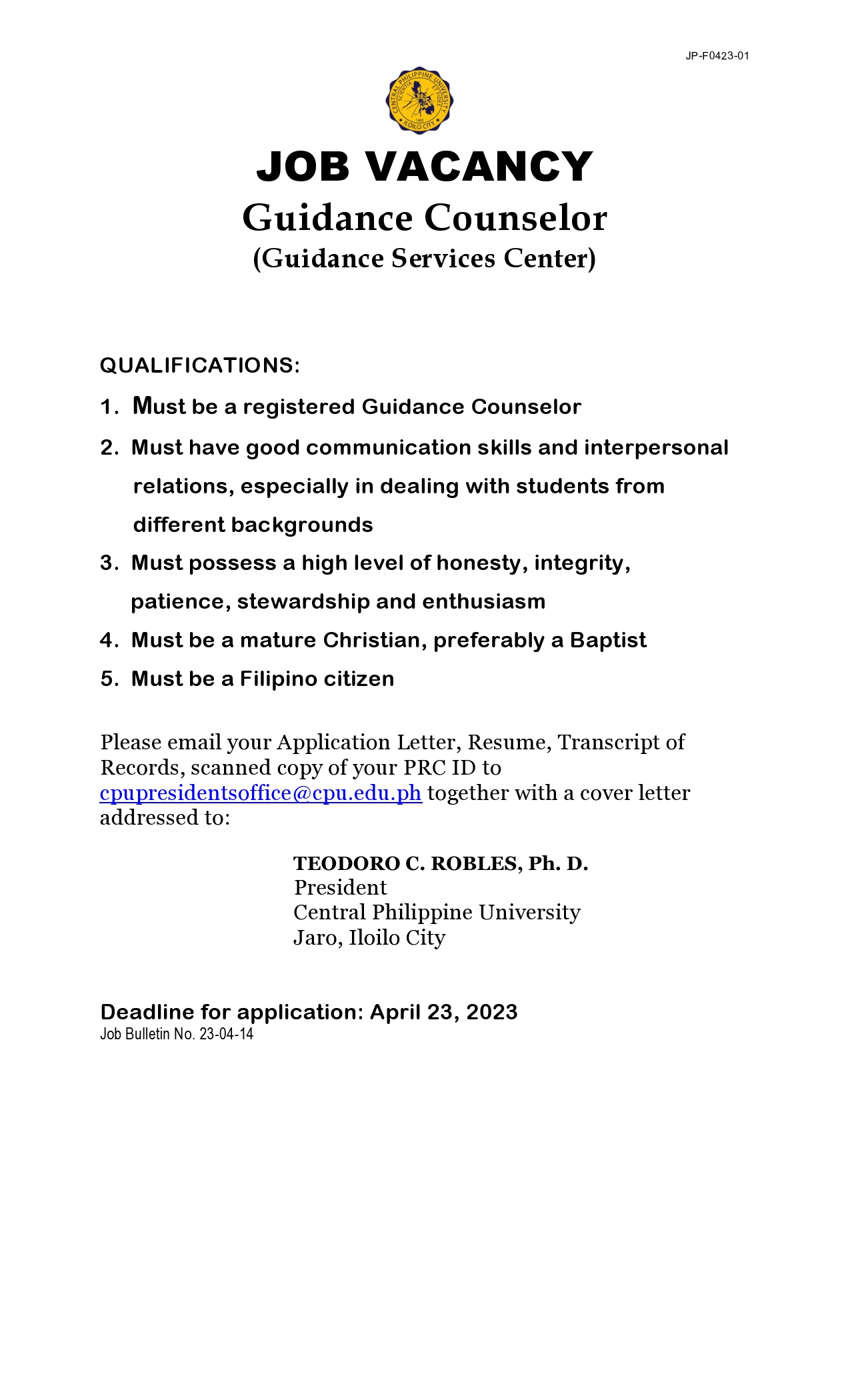 JOB VACANCY Guidance Counselor Guidance Services Center Central