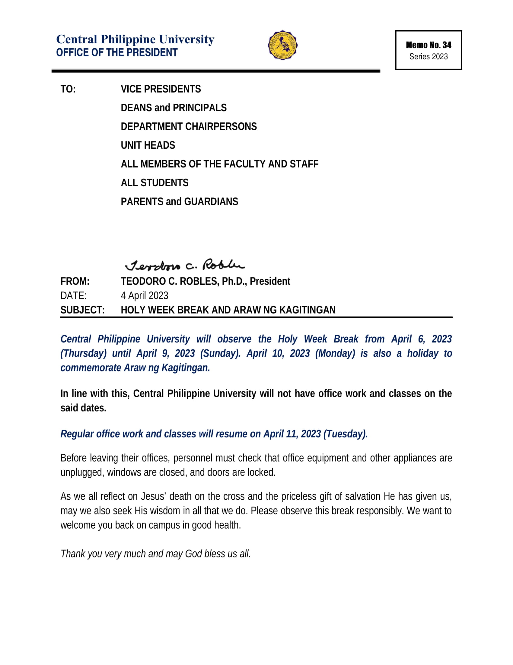 Memo No 34 HOLY WEEK BREAK AND ARAW NG KAGITINGAN Central Philippine   Memo Holy Week 