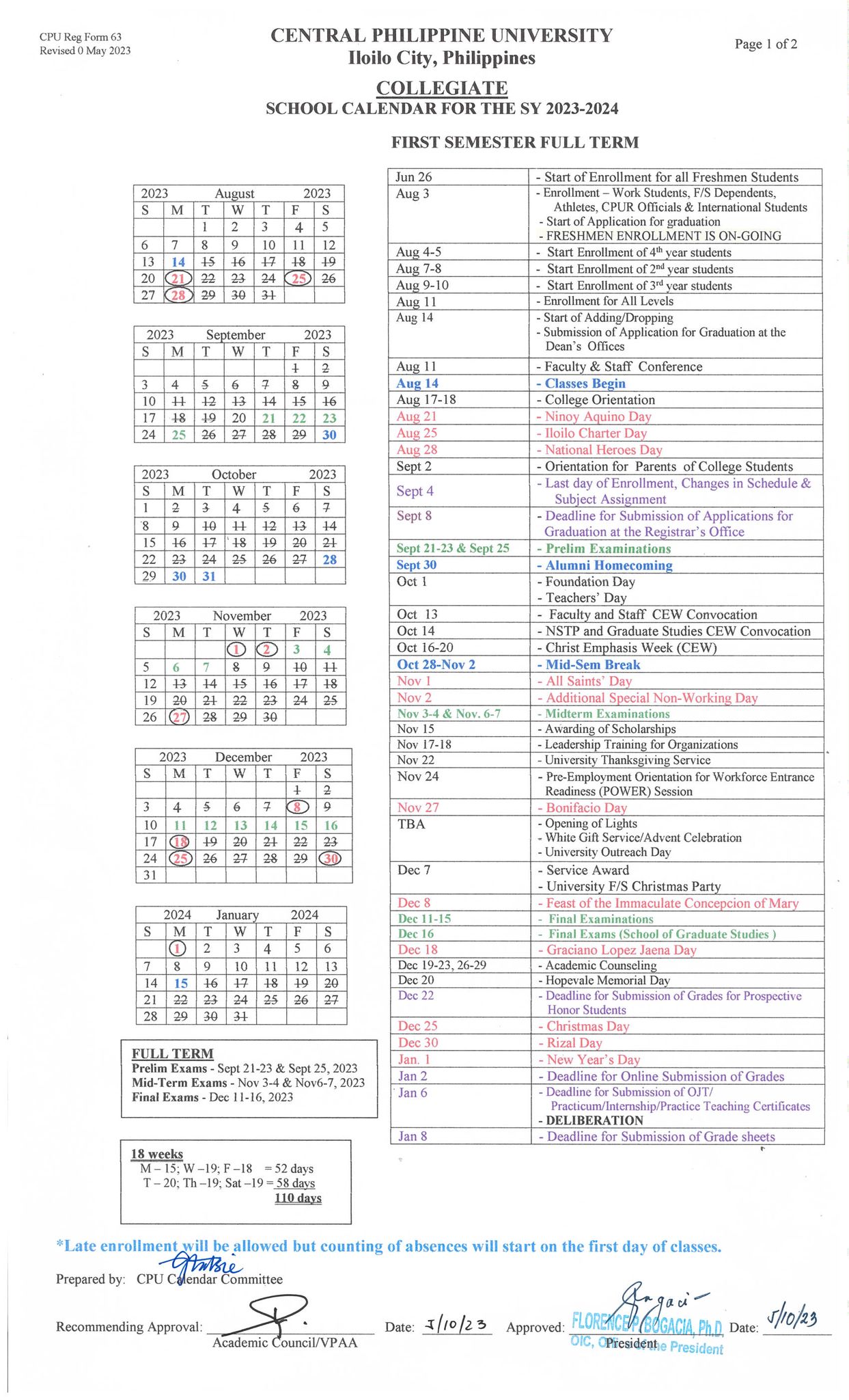 School Calendars Central Philippine University