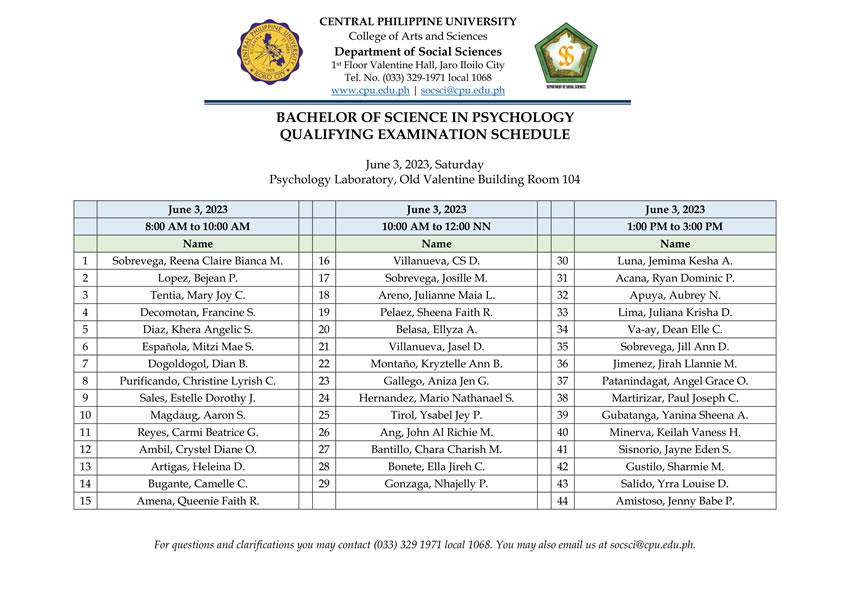 Bachelor of Science in Psychology Qualifying Examination Schedule