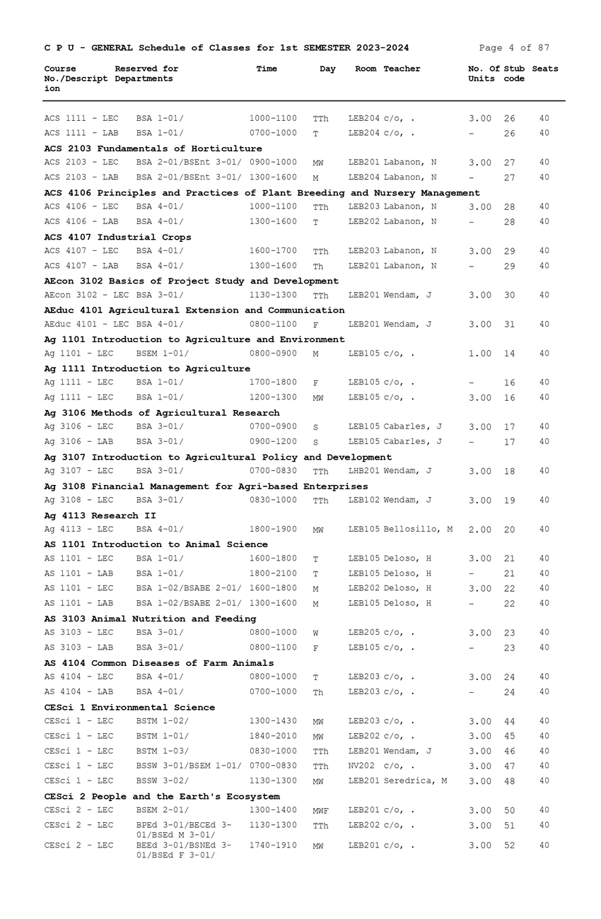 General Schedule of Classes (First Semester 2023-2024) - Central ...