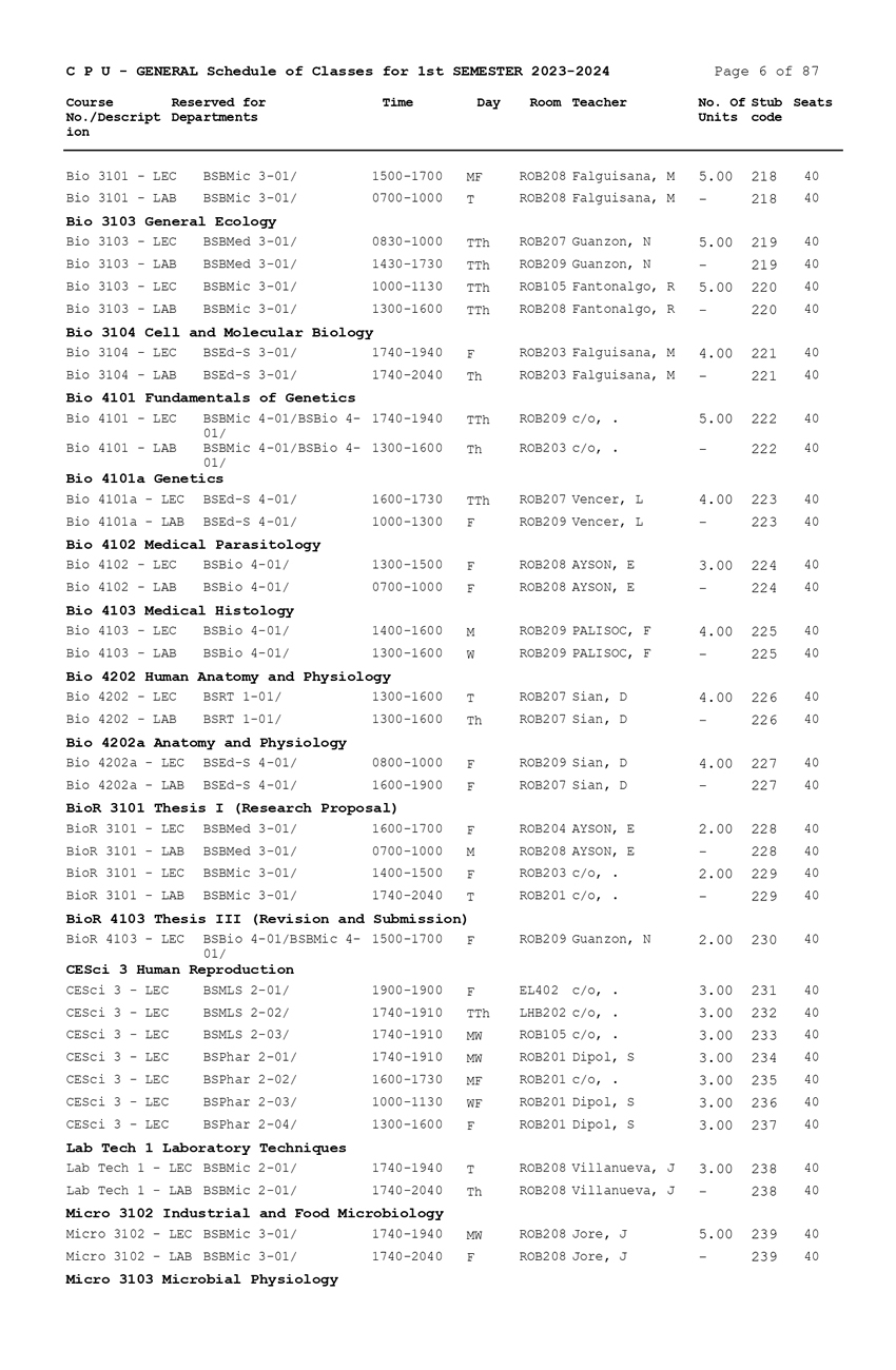 General Schedule of Classes (First Semester 20232024) Central