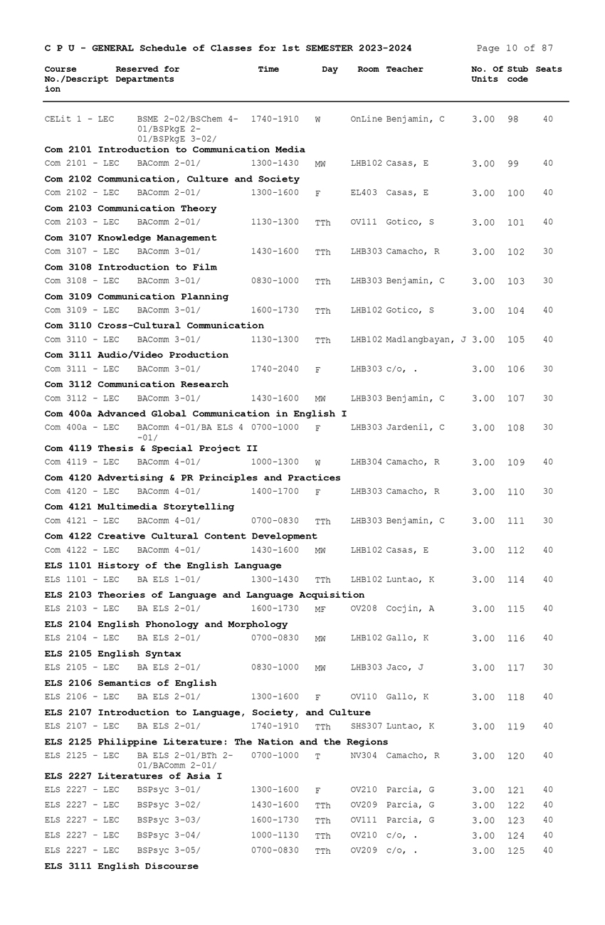 General Schedule of Classes (First Semester 2023-2024) - Central ...