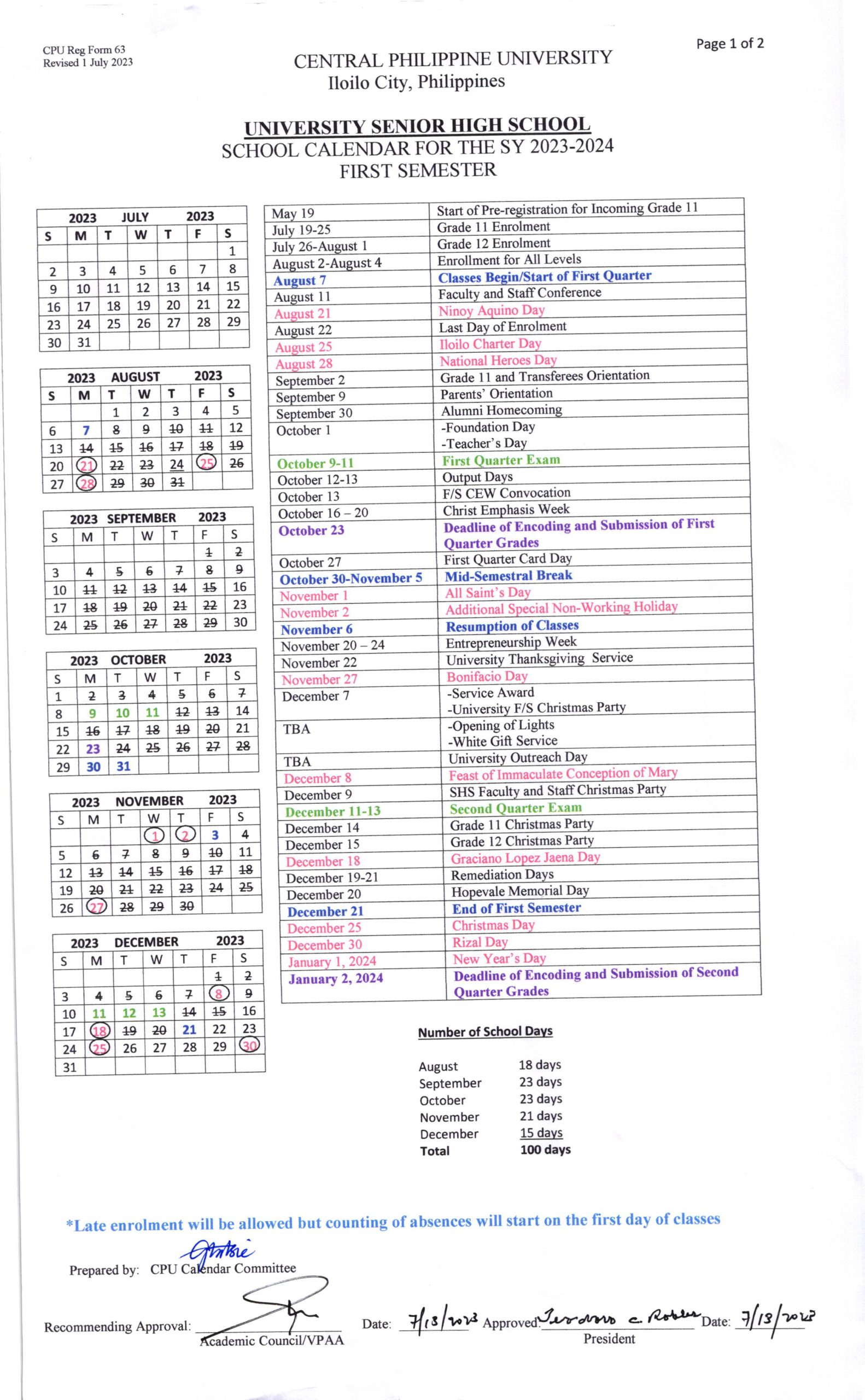 School Calendars Central Philippine University