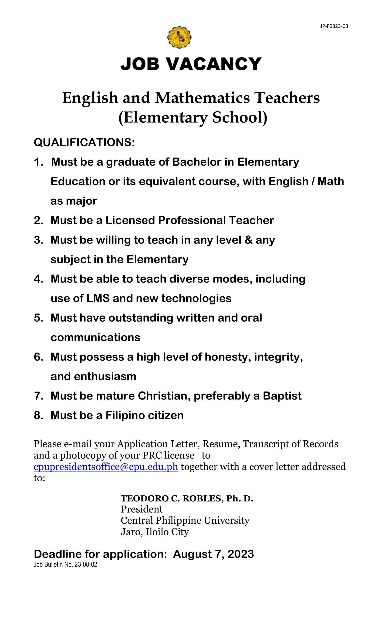 JOB VACANCY
English and Mathematics Teachers
 (Elementary School)
