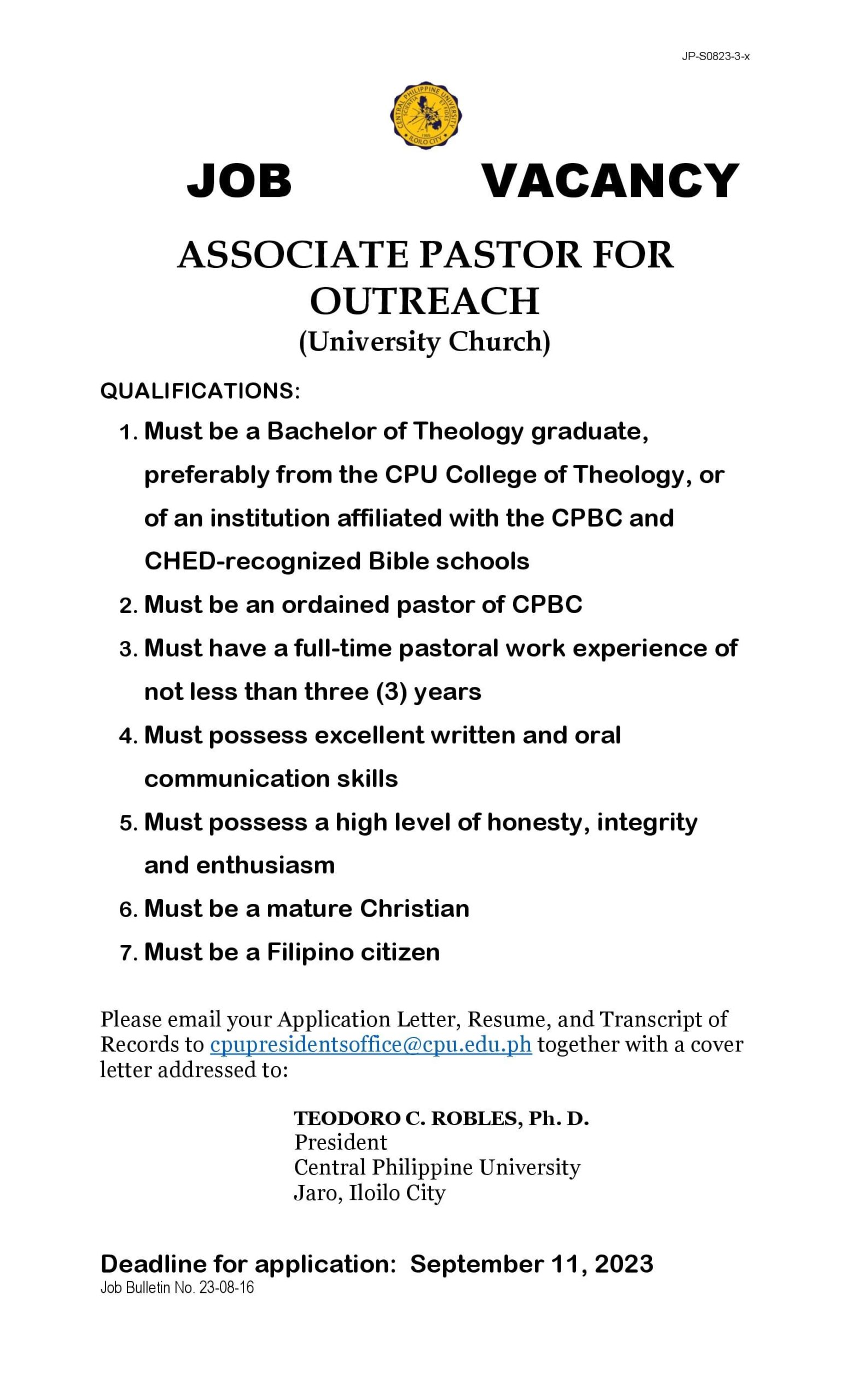 Job Vacancy - Associate Pastor for Outreach (extended deadline)