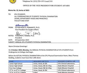 OVPSA Memo 23 –  Annual CPU Student’s Physical Examination