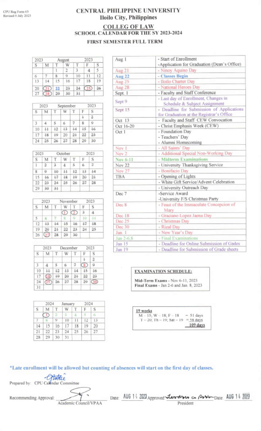 COL Calendar 1st Semester SY 2023 2024 